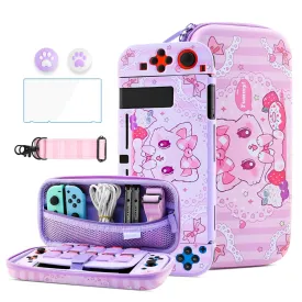 HYPERCASE Cute Cat Switch Case Kit for NS Accessories Storage, with Portable Travel Carrying Bag Pouch, Soft Switch Protective Skin Cover, HD Screen Protector, Shoulder Strap & 2 Kawaii Thumb Caps