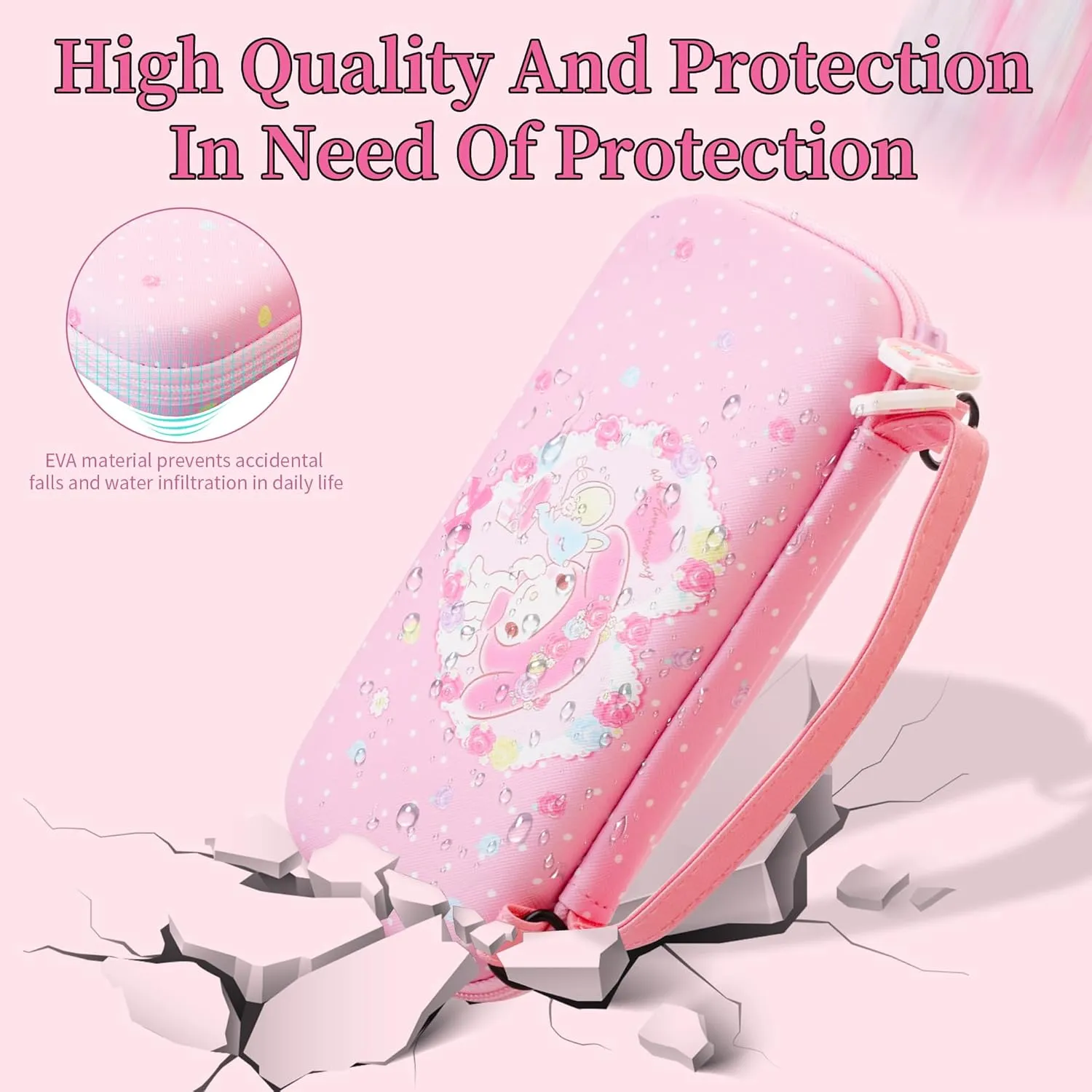 HYPERCASE Pink Carrying Case for Nintendo Switch Lite, Shockproof Switch Lite Protective Hard Travel Bag Pouch with 8 Game Card Slots, Adjustable Shoulder Strap and 2 Cute Thumb Caps