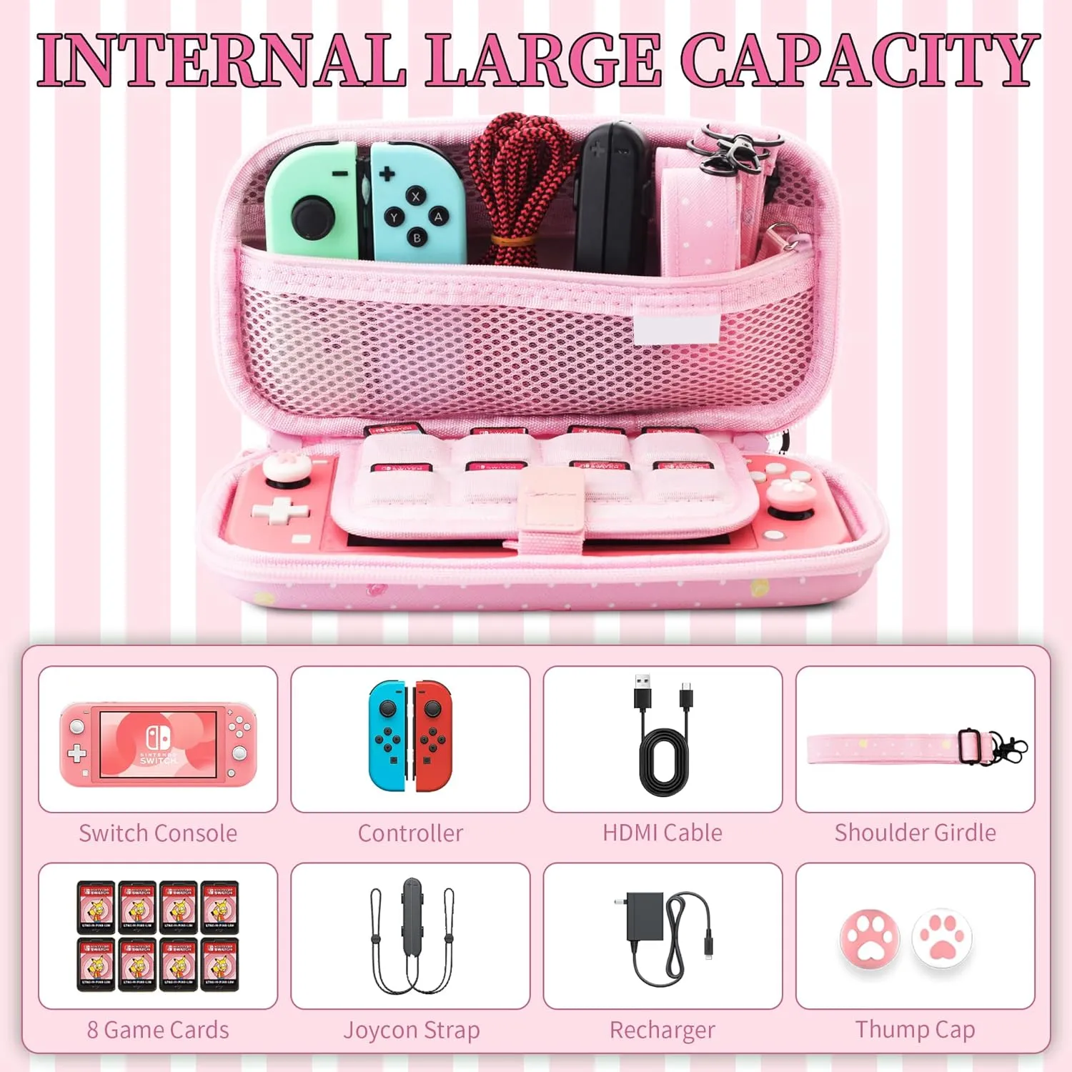HYPERCASE Pink Carrying Case for Nintendo Switch Lite, Shockproof Switch Lite Protective Hard Travel Bag Pouch with 8 Game Card Slots, Adjustable Shoulder Strap and 2 Cute Thumb Caps