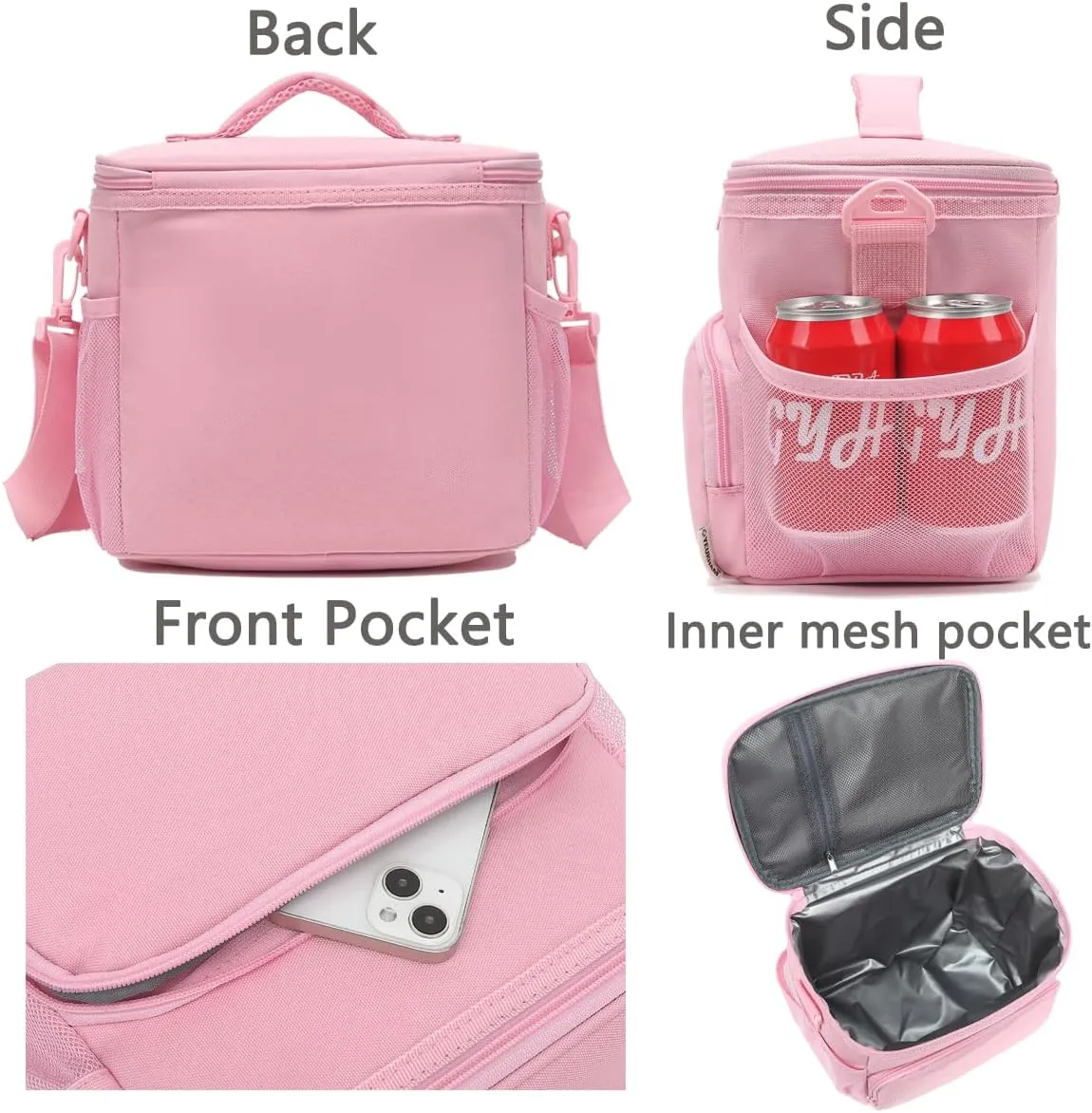Insulated Lunch Bag for Adult/Women/Men, Reusable Large Lunch Box Cooler Soft Leakproof Tote, Thermal Meal Prep Lunch Pail with Adjustable Shoulder Strap for Picnic/Travel/Office,Pink