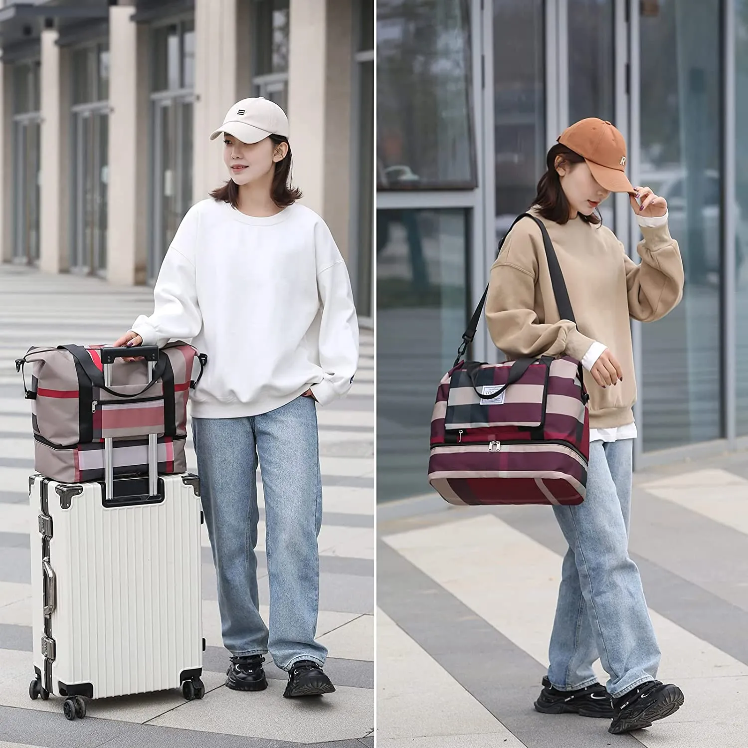 ITEM# 0113   New Foldable Dry/Wet Separation Travel Duffle Bag for Women Carry On with Shoe Compartment Luggage Sleeve, Large Capacity Folding Travel Tote Gym Bag, Weekender Overnight Bag (Watch Video)