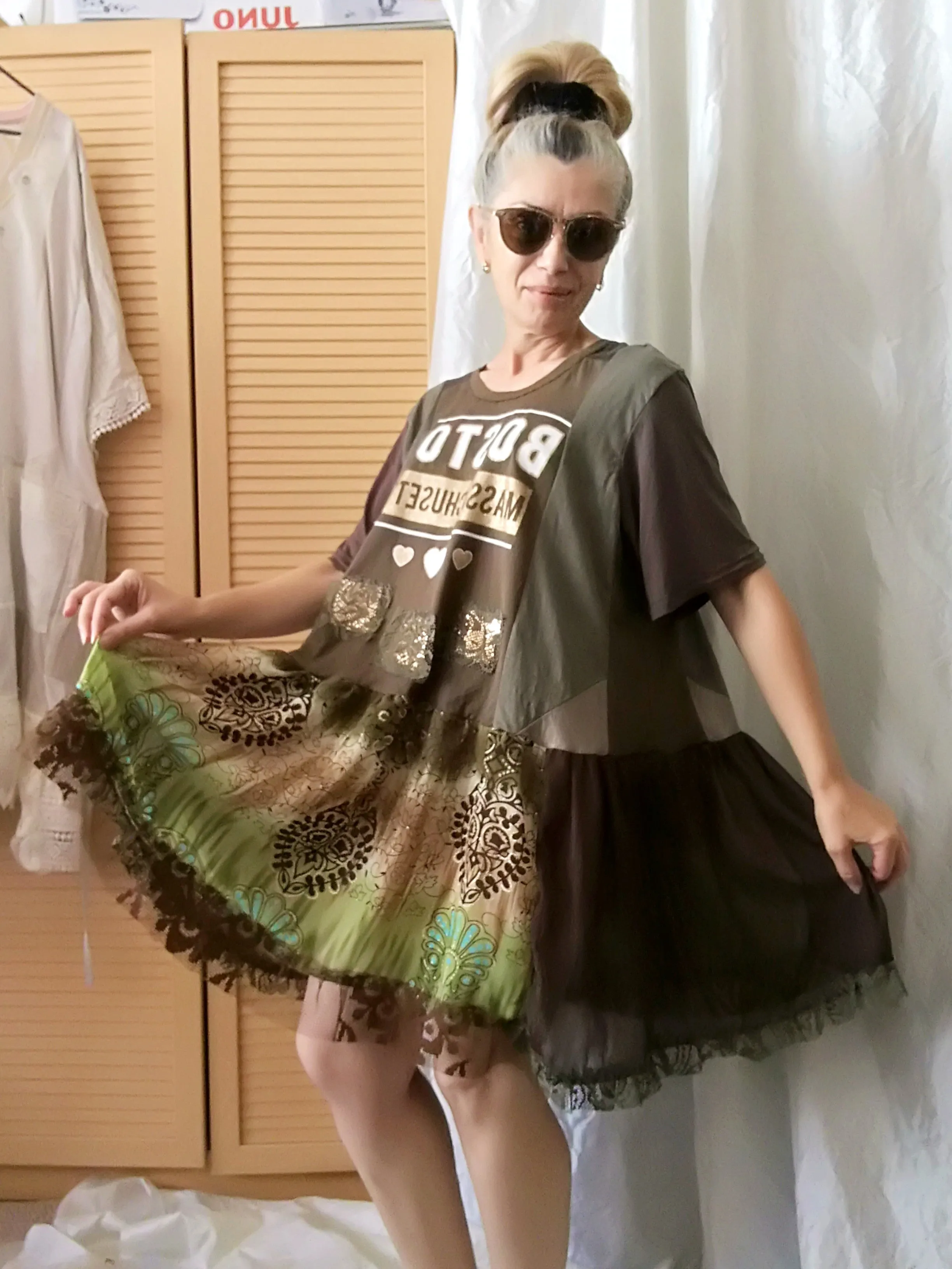 Khaki Green T-Shirt Dress,L/XL Short Sleeves Cotton Dress