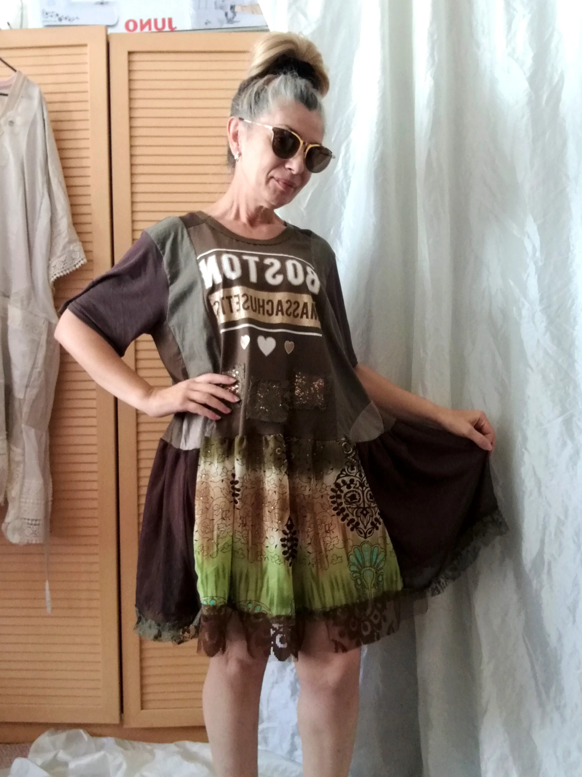 Khaki Green T-Shirt Dress,L/XL Short Sleeves Cotton Dress