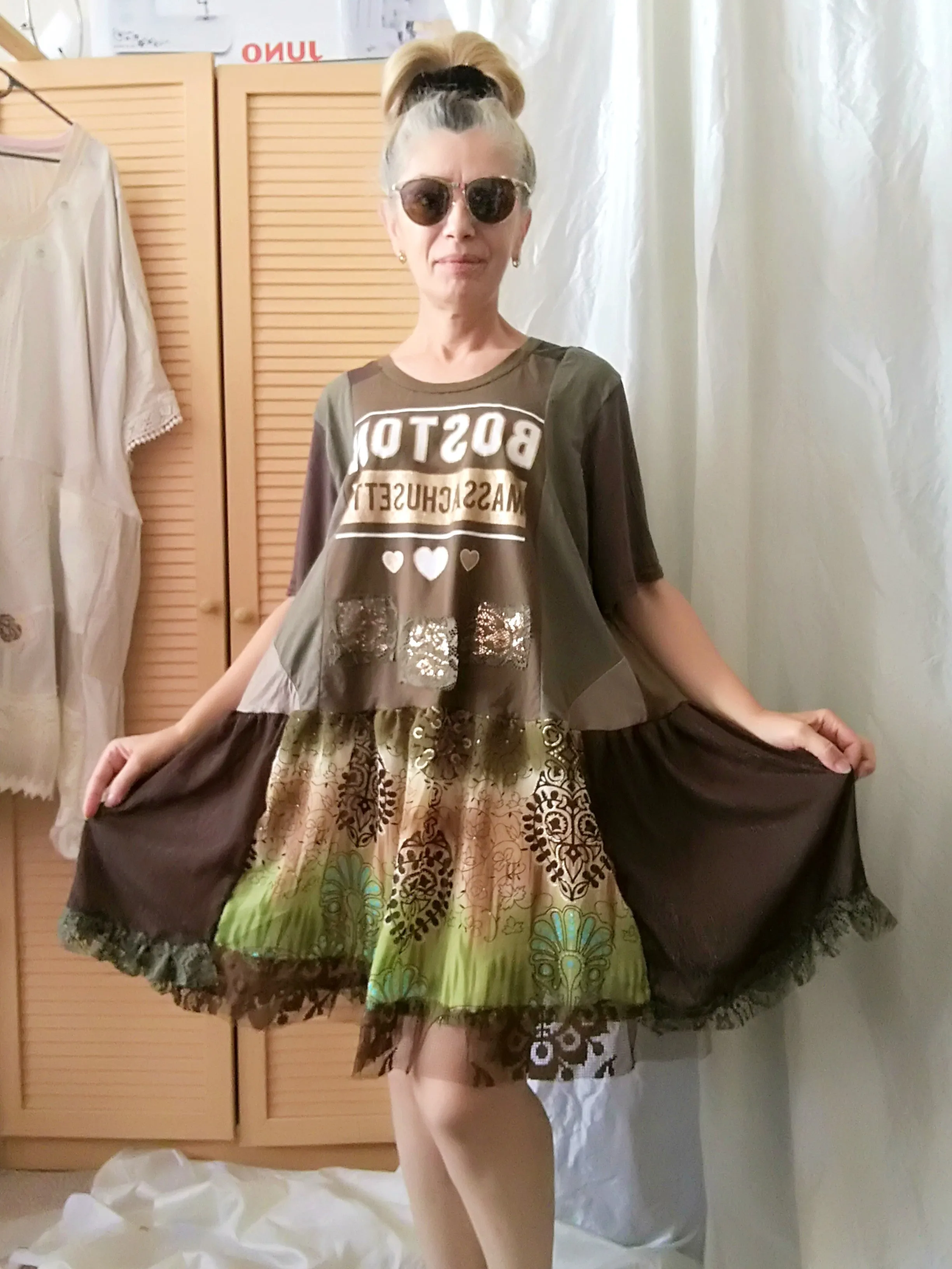 Khaki Green T-Shirt Dress,L/XL Short Sleeves Cotton Dress