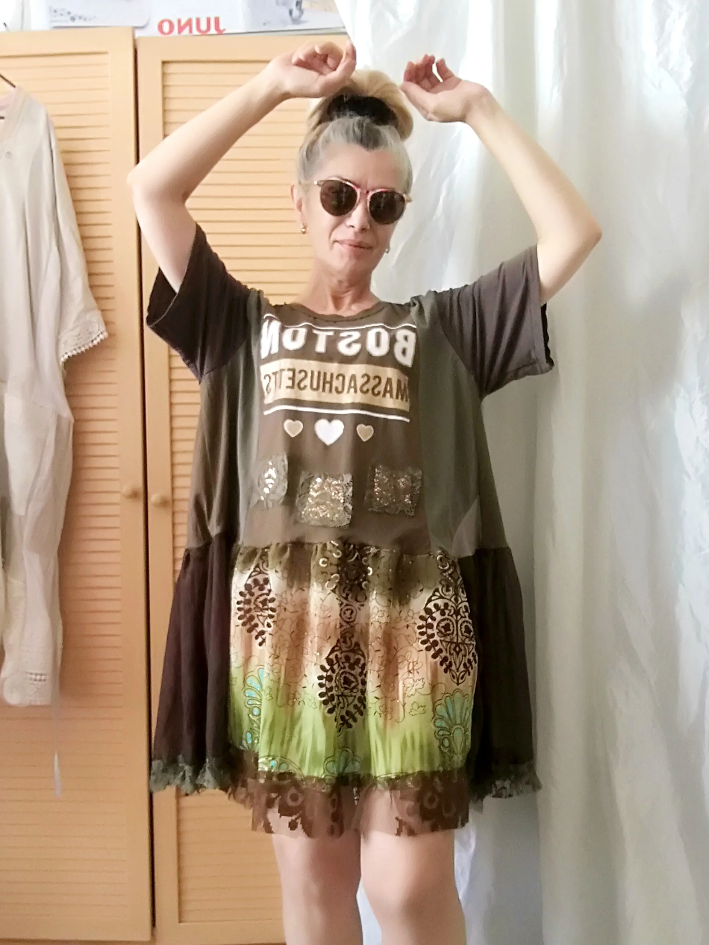 Khaki Green T-Shirt Dress,L/XL Short Sleeves Cotton Dress