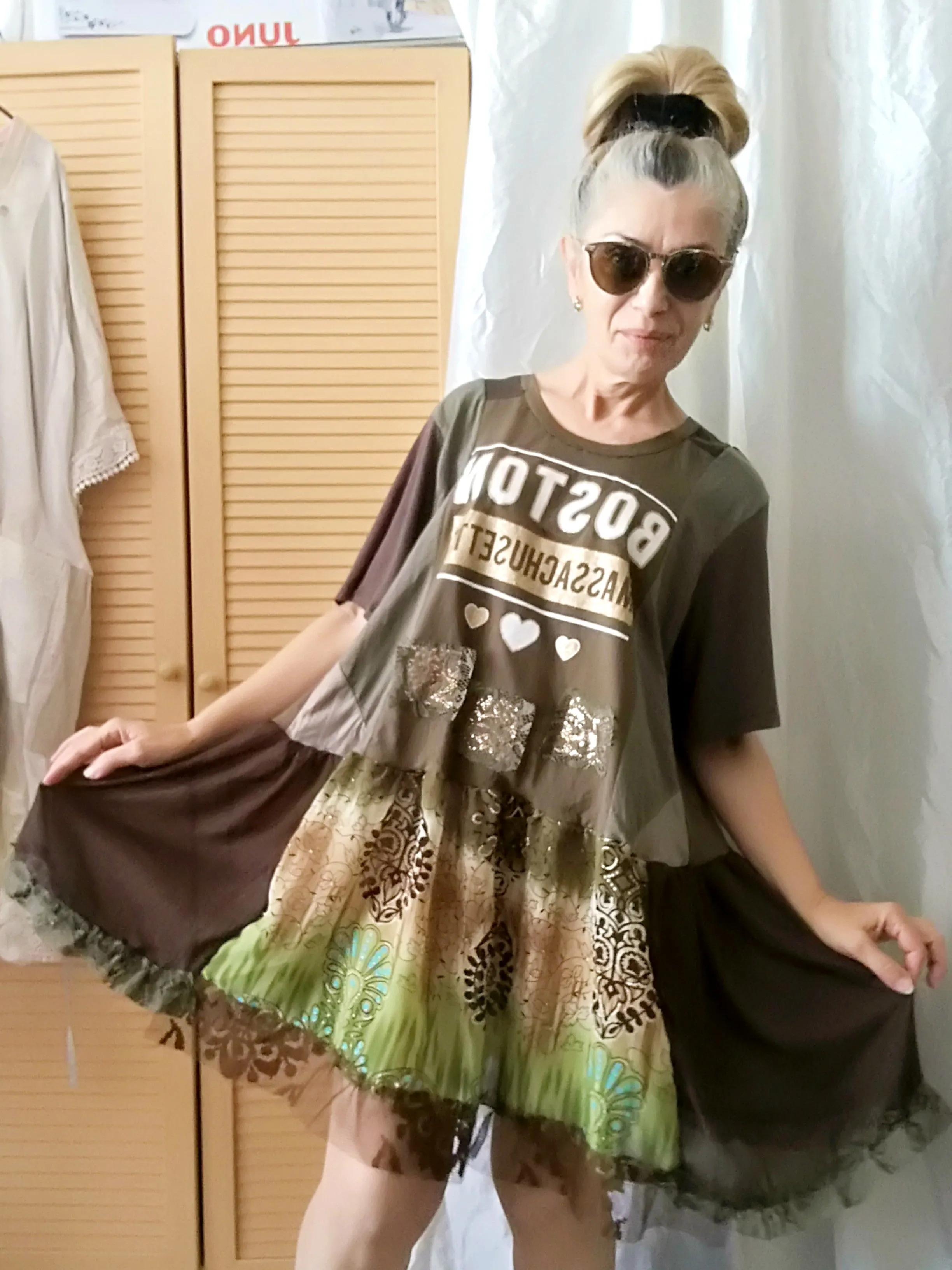 Khaki Green T-Shirt Dress,L/XL Short Sleeves Cotton Dress