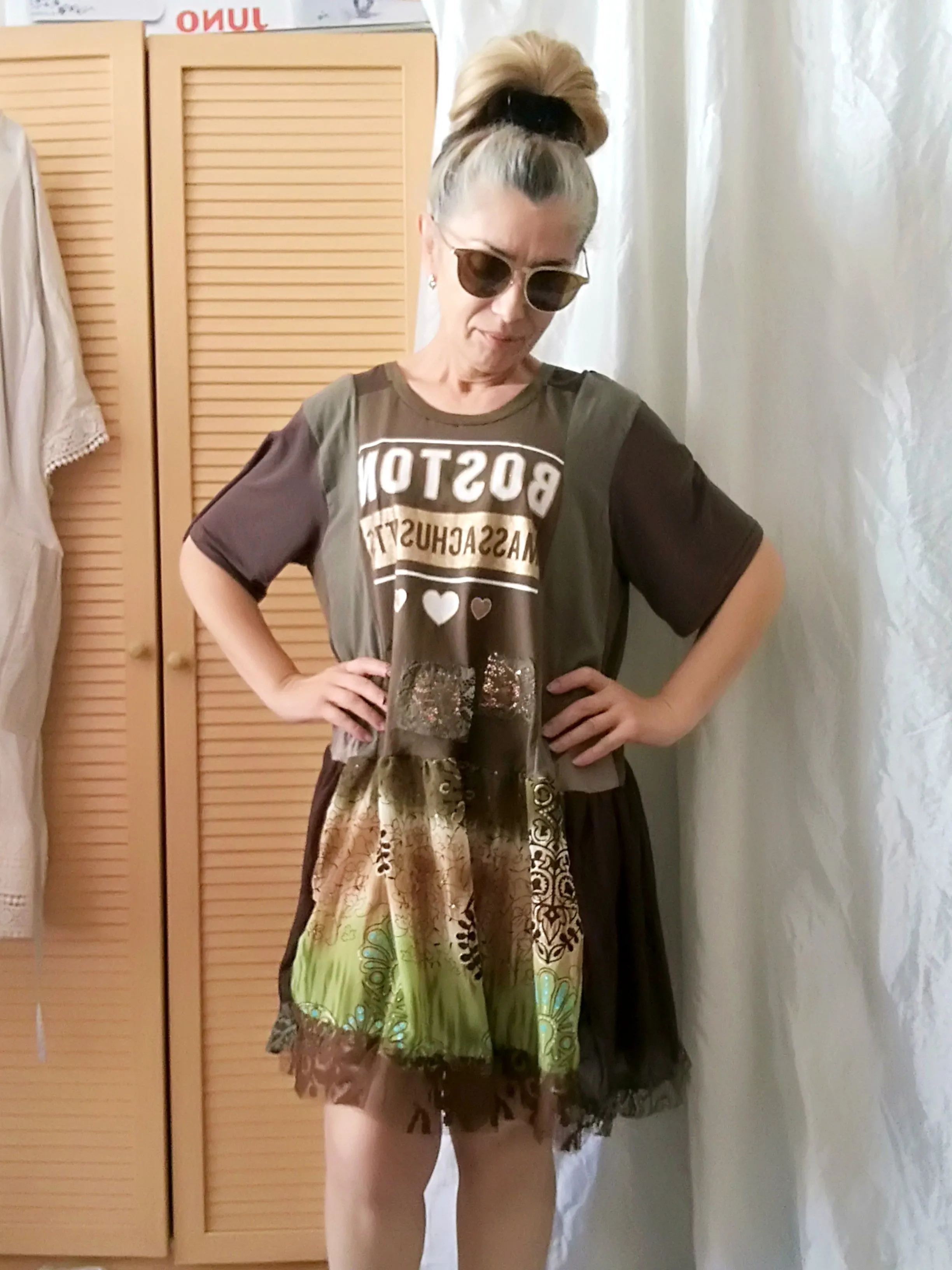 Khaki Green T-Shirt Dress,L/XL Short Sleeves Cotton Dress