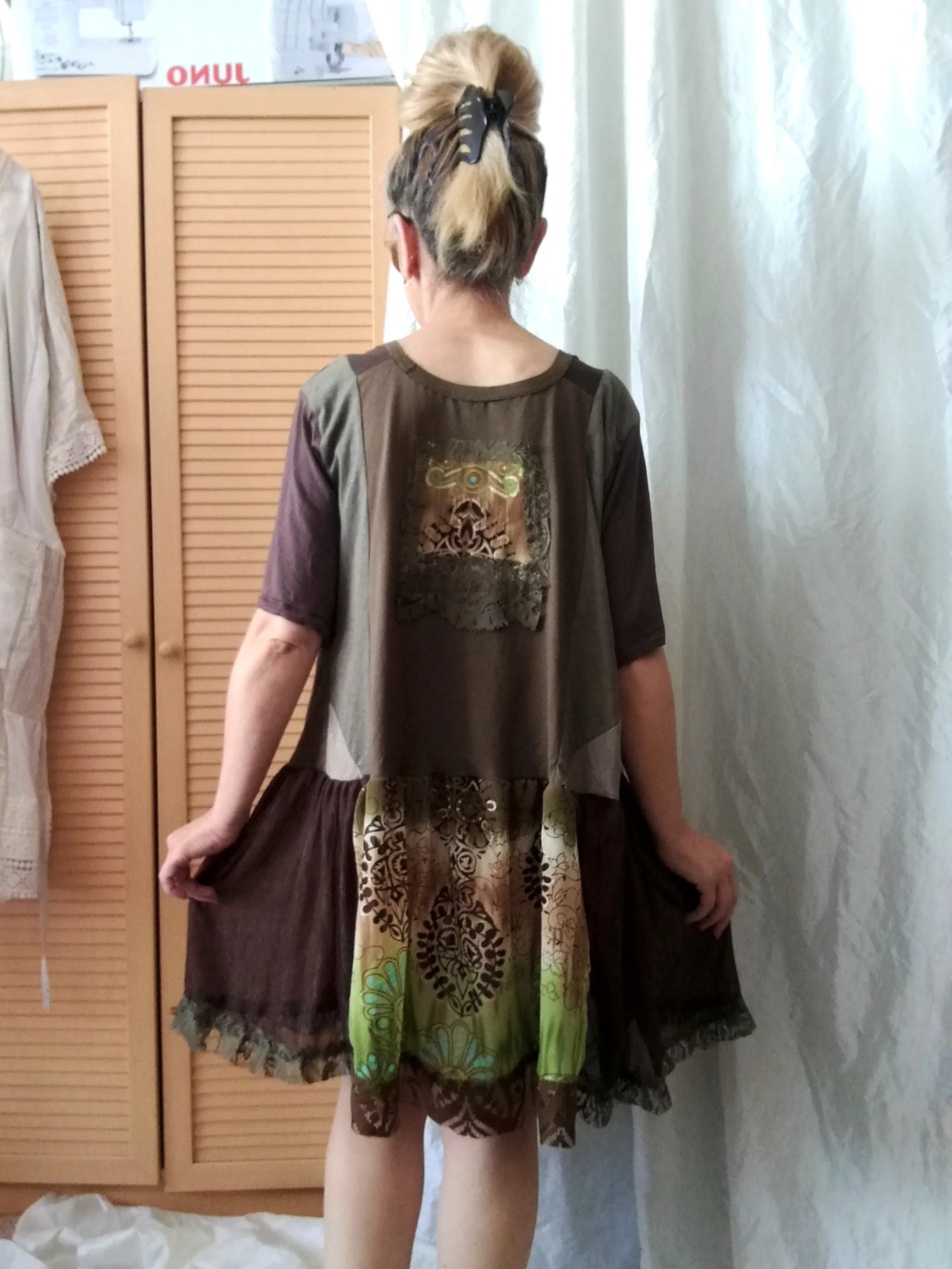 Khaki Green T-Shirt Dress,L/XL Short Sleeves Cotton Dress