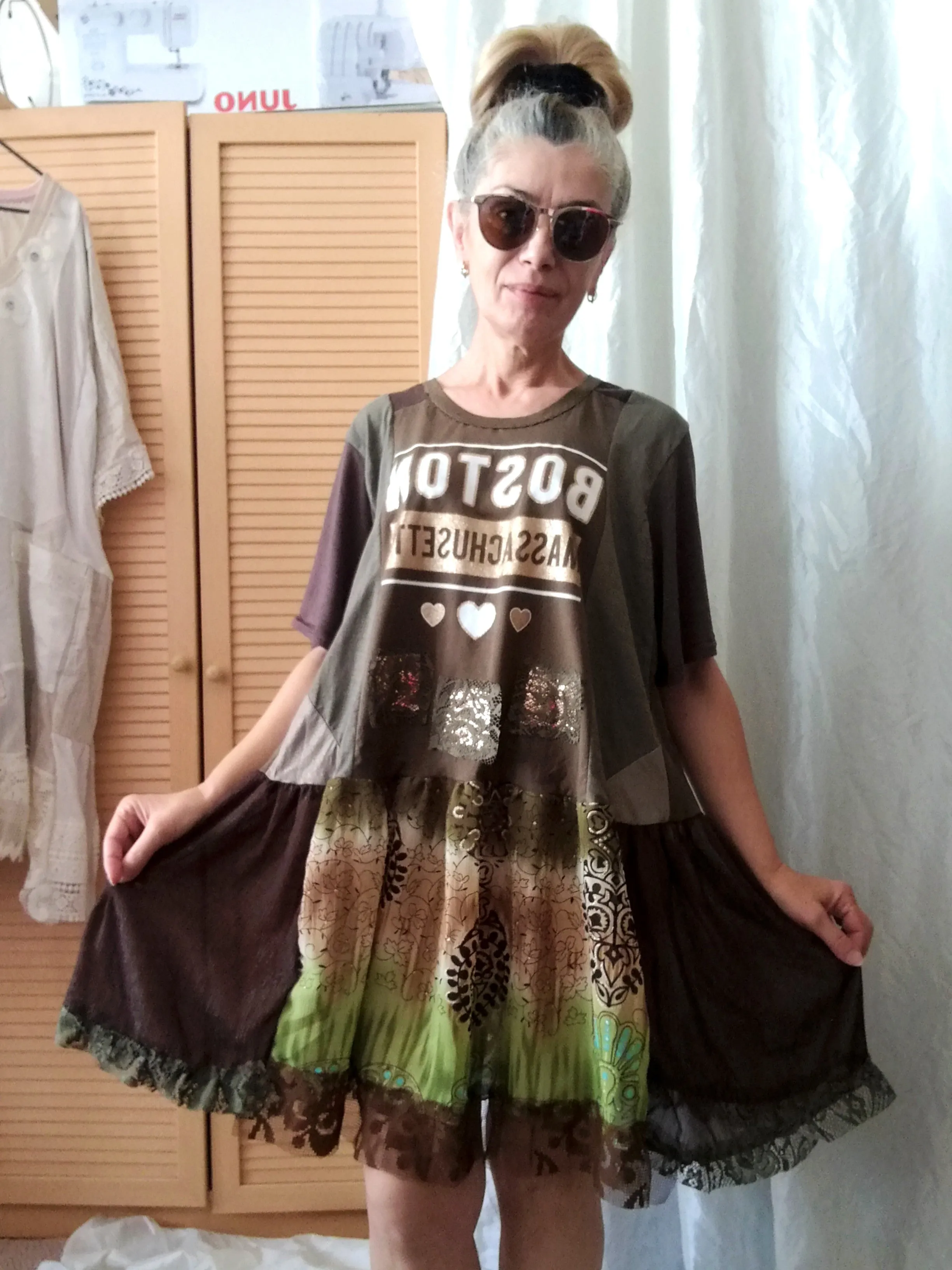 Khaki Green T-Shirt Dress,L/XL Short Sleeves Cotton Dress