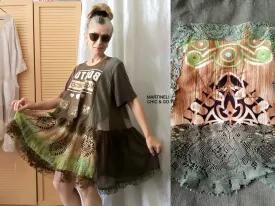 Khaki Green T-Shirt Dress,L/XL Short Sleeves Cotton Dress