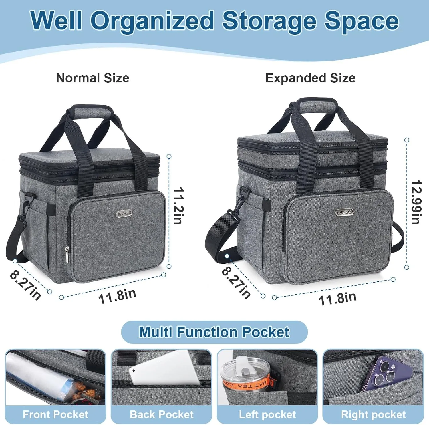 Lunch Bag for Men with Adjustable Shoulder Strap, Double Durable Expandable Leakproof Insulated Lunch Bag, Cooler Bag for Work Shift, Travel and Outdoor Picnics, 21L Grey