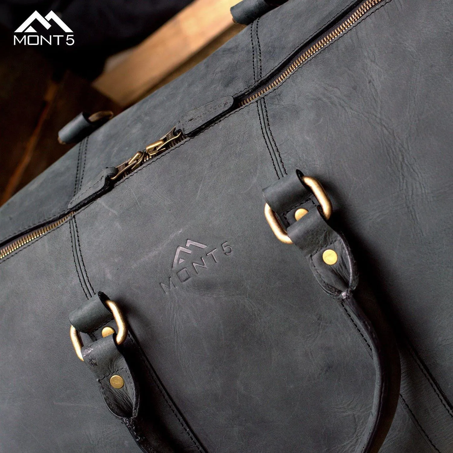MONT5 Gokina Charcoal Black Men's Large Leather Duffle Bag