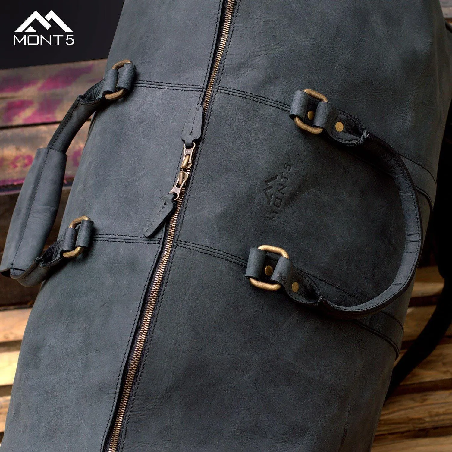MONT5 Gokina Charcoal Black Men's Large Leather Duffle Bag
