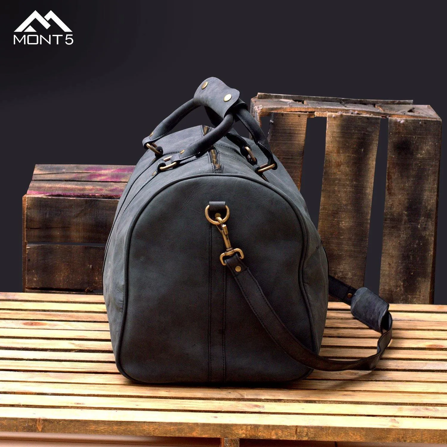 MONT5 Gokina Charcoal Black Men's Large Leather Duffle Bag