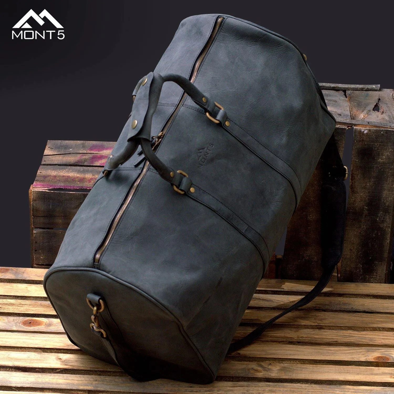 MONT5 Gokina Charcoal Black Men's Large Leather Duffle Bag