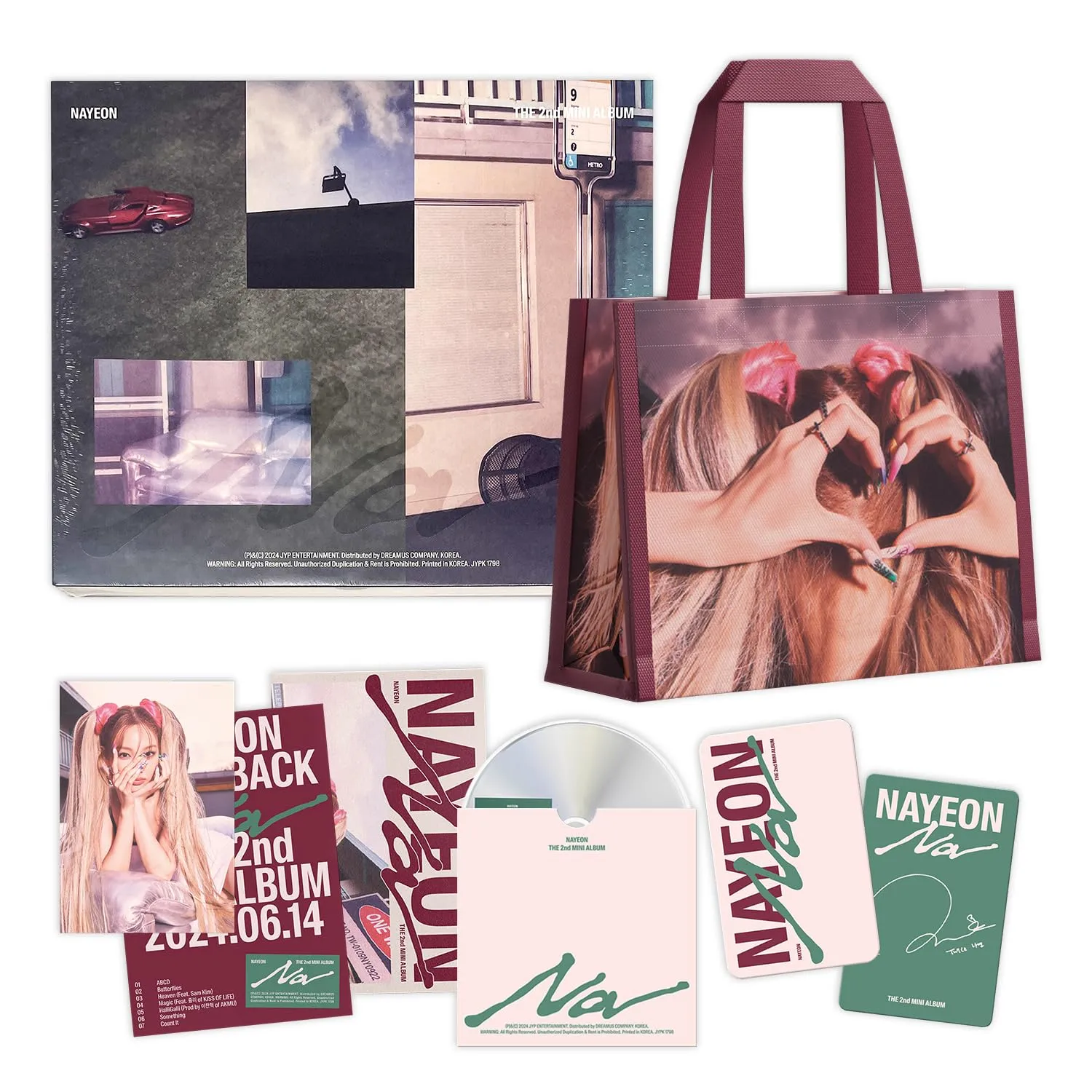 NAYEON - 2nd Mini album NA A to Z Ver. Tarpaulin bag   Newspaper R   Envelope   Postcard   Guarantee Card   Holder   Flyer   Photocard   Out Box   2 Extra Photocards