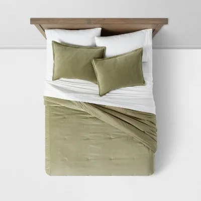 New - Full/Queen Cotton Velvet Comforter & Sham Set Green - Threshold