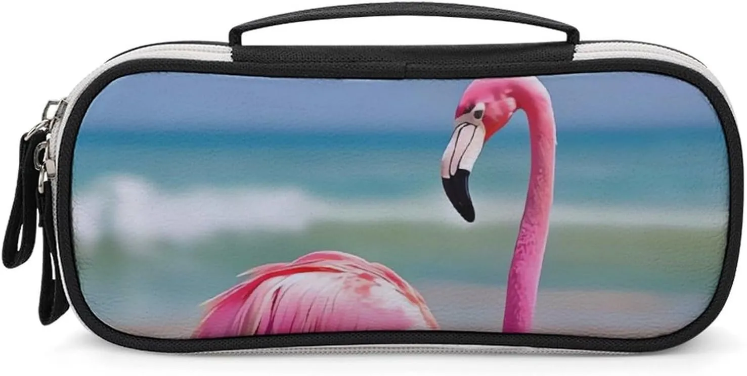 One Pink Flamingo on Beach Leather Makeup Bag Portable Small Cosmetic Organizer Waterproof Toiletry Bags Brushes Pencils And Travel Make Up Accessories