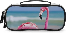 One Pink Flamingo on Beach Leather Makeup Bag Portable Small Cosmetic Organizer Waterproof Toiletry Bags Brushes Pencils And Travel Make Up Accessories