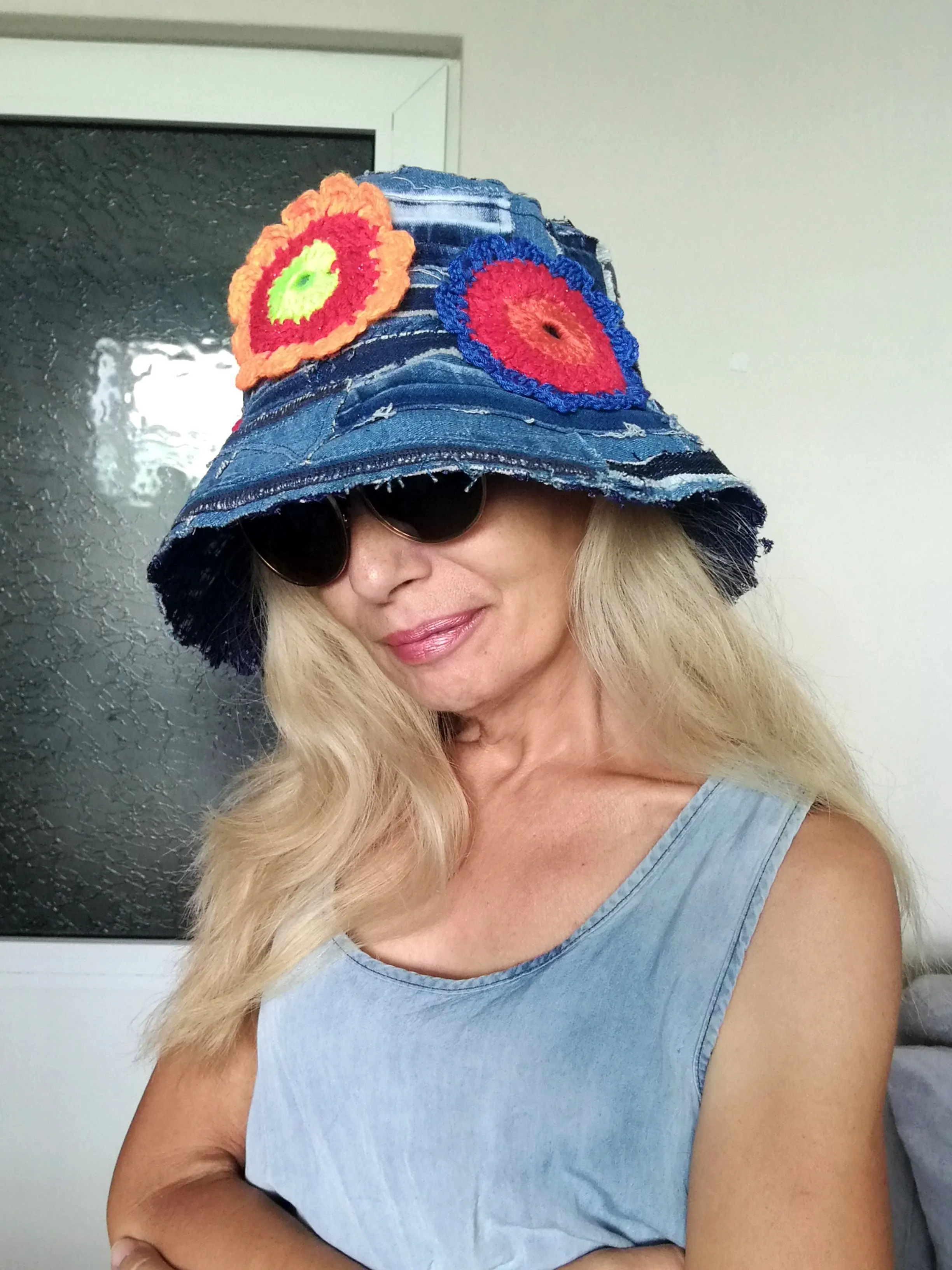 Patchwork Denim Bucket Hat 2X Boho Floral Hat