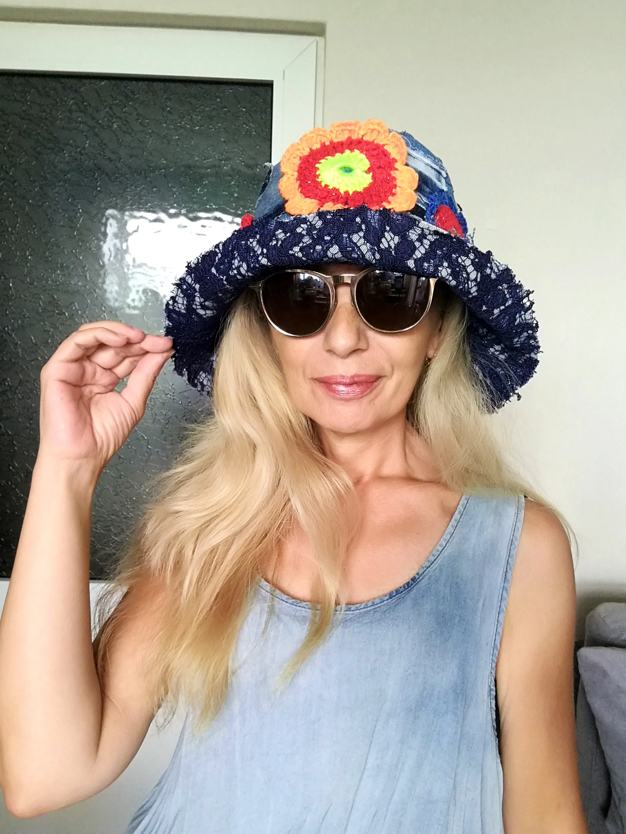 Patchwork Denim Bucket Hat 2X Boho Floral Hat