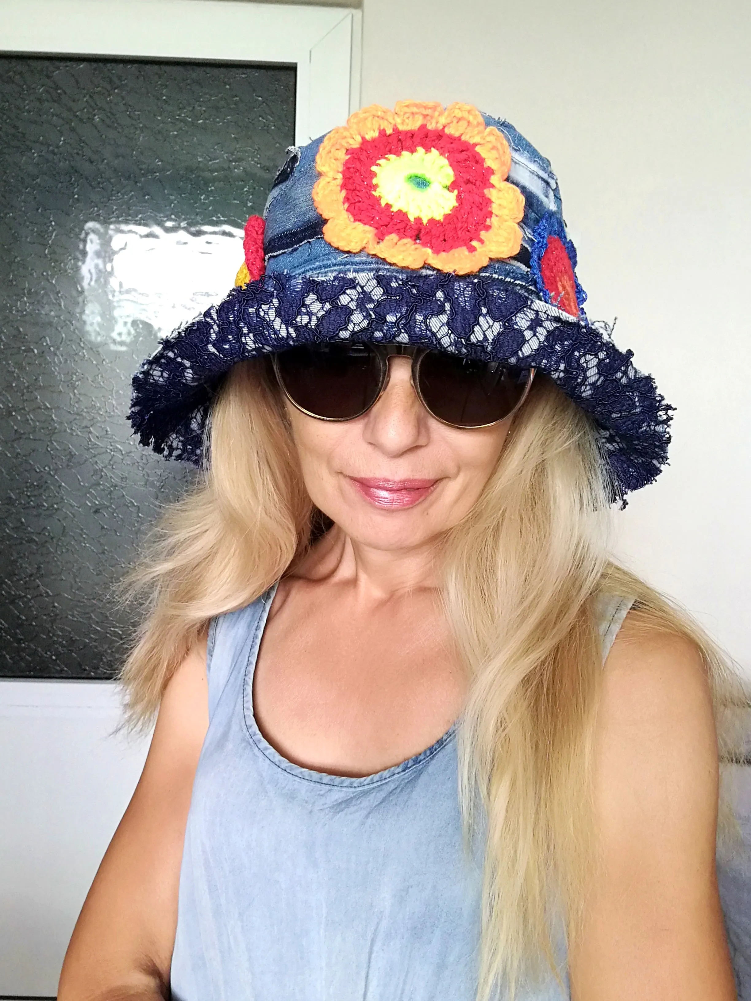Patchwork Denim Bucket Hat 2X Boho Floral Hat