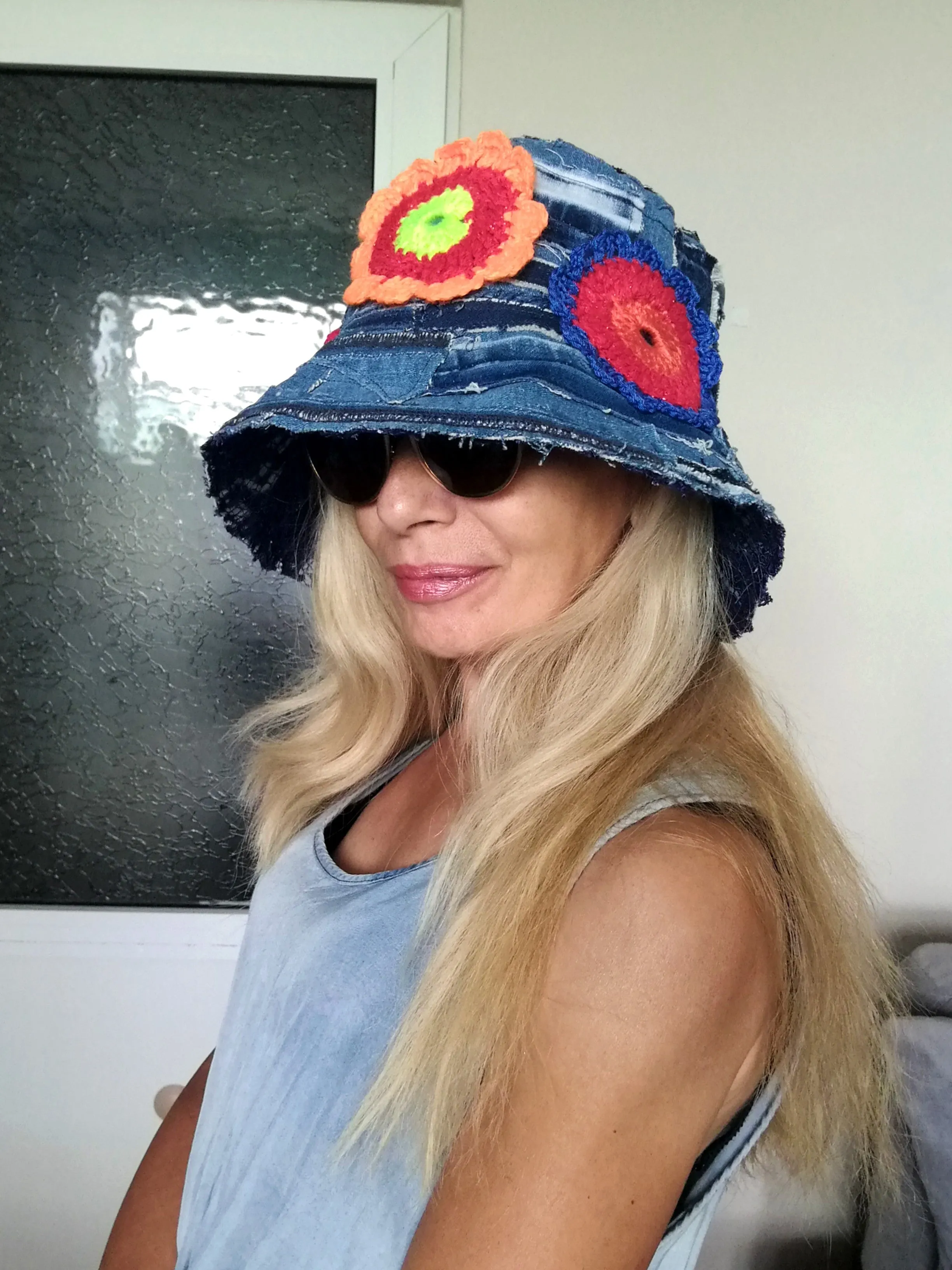 Patchwork Denim Bucket Hat 2X Boho Floral Hat