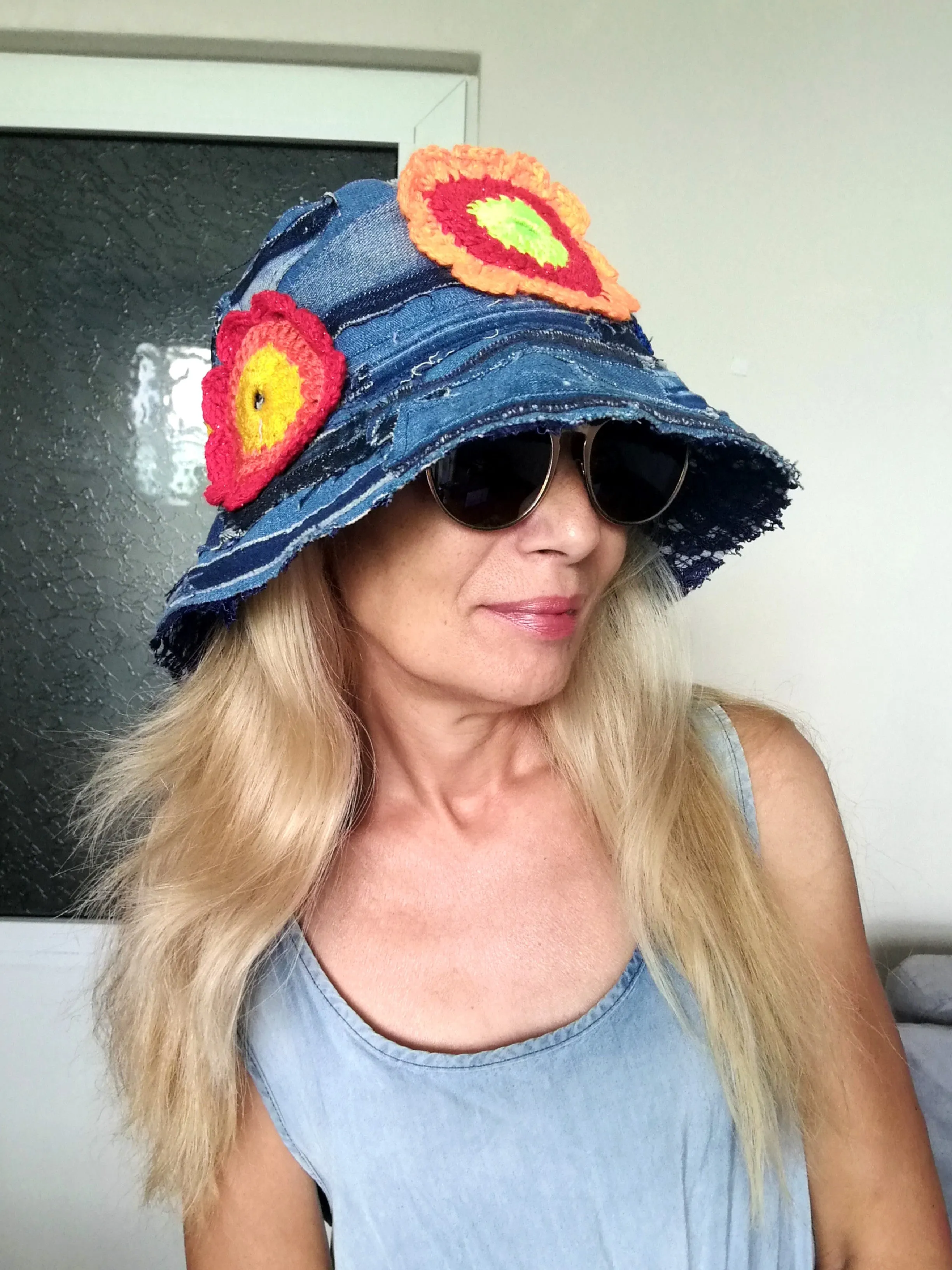 Patchwork Denim Bucket Hat 2X Boho Floral Hat