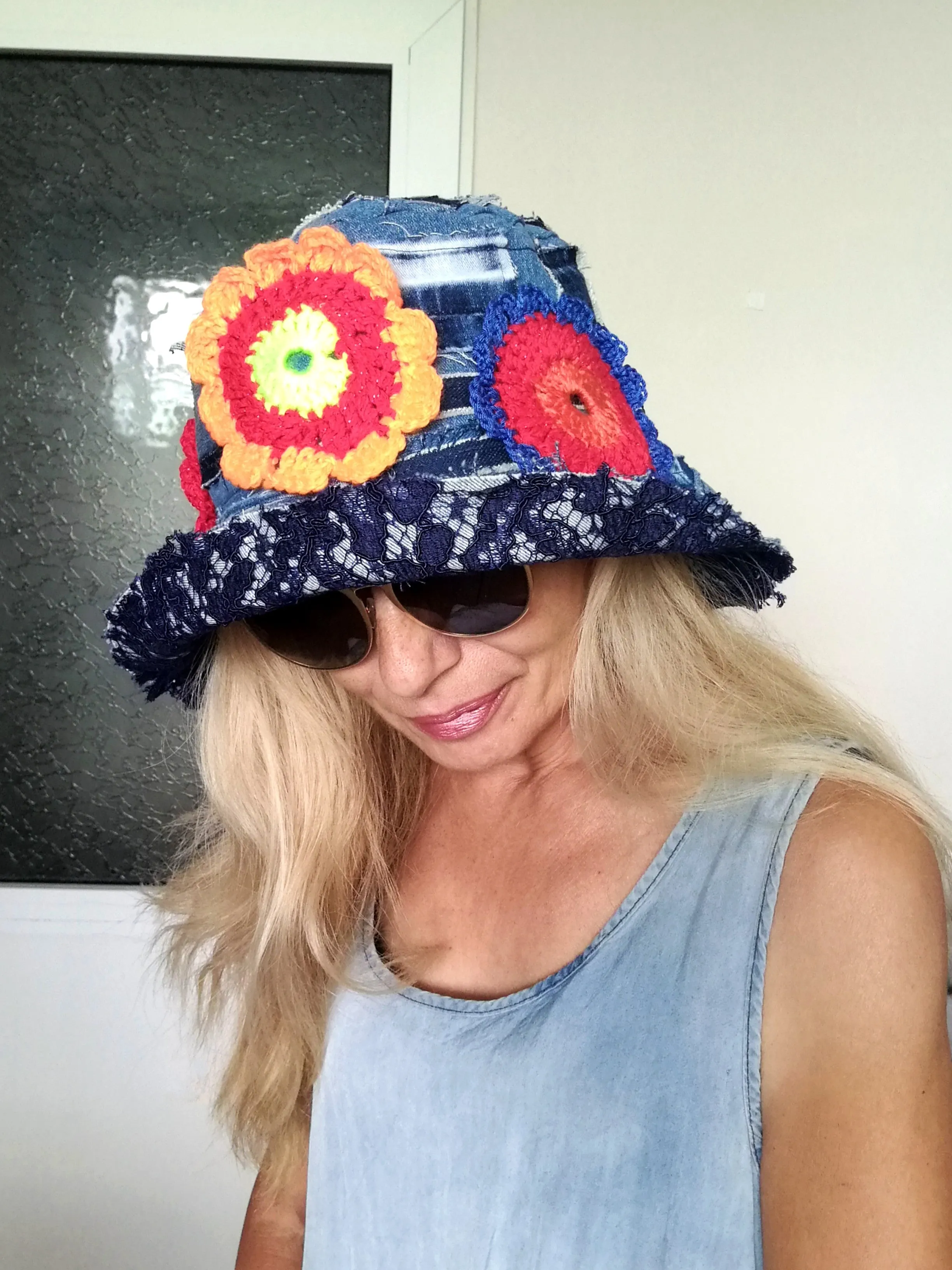 Patchwork Denim Bucket Hat 2X Boho Floral Hat