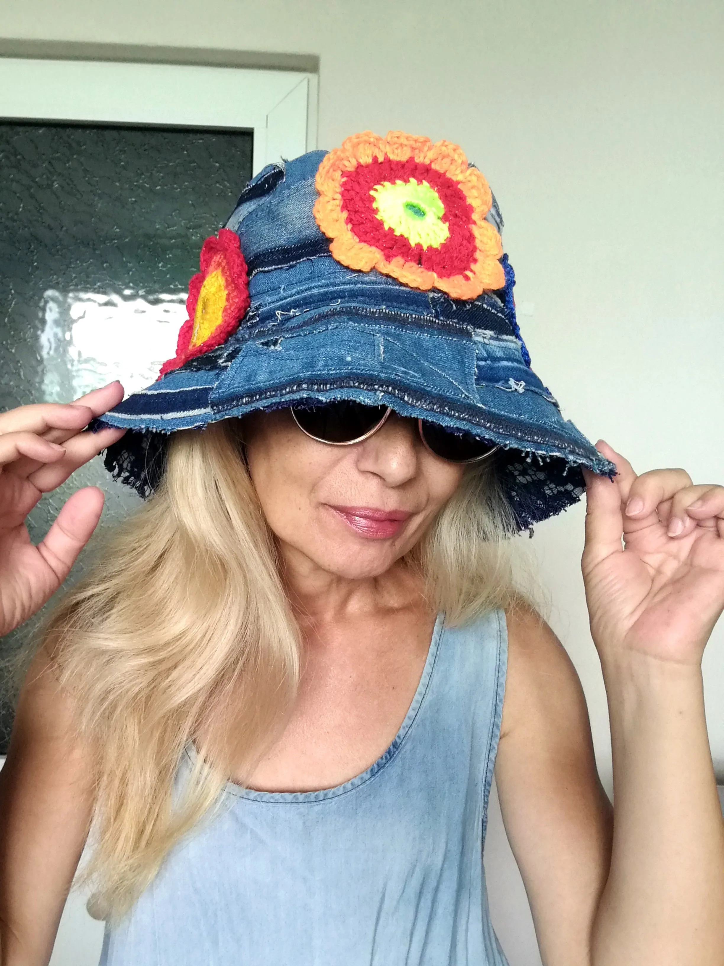 Patchwork Denim Bucket Hat 2X Boho Floral Hat