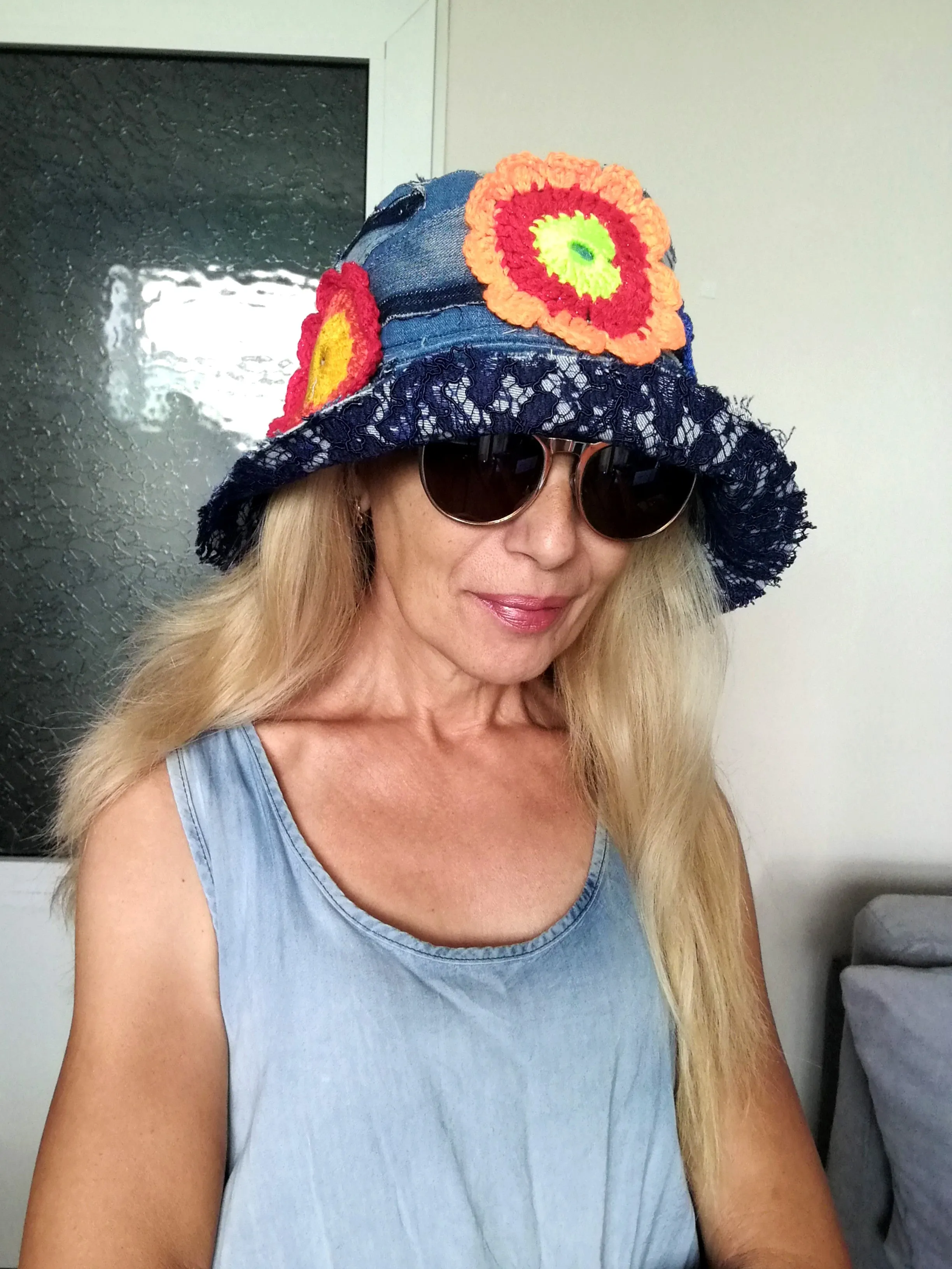 Patchwork Denim Bucket Hat 2X Boho Floral Hat
