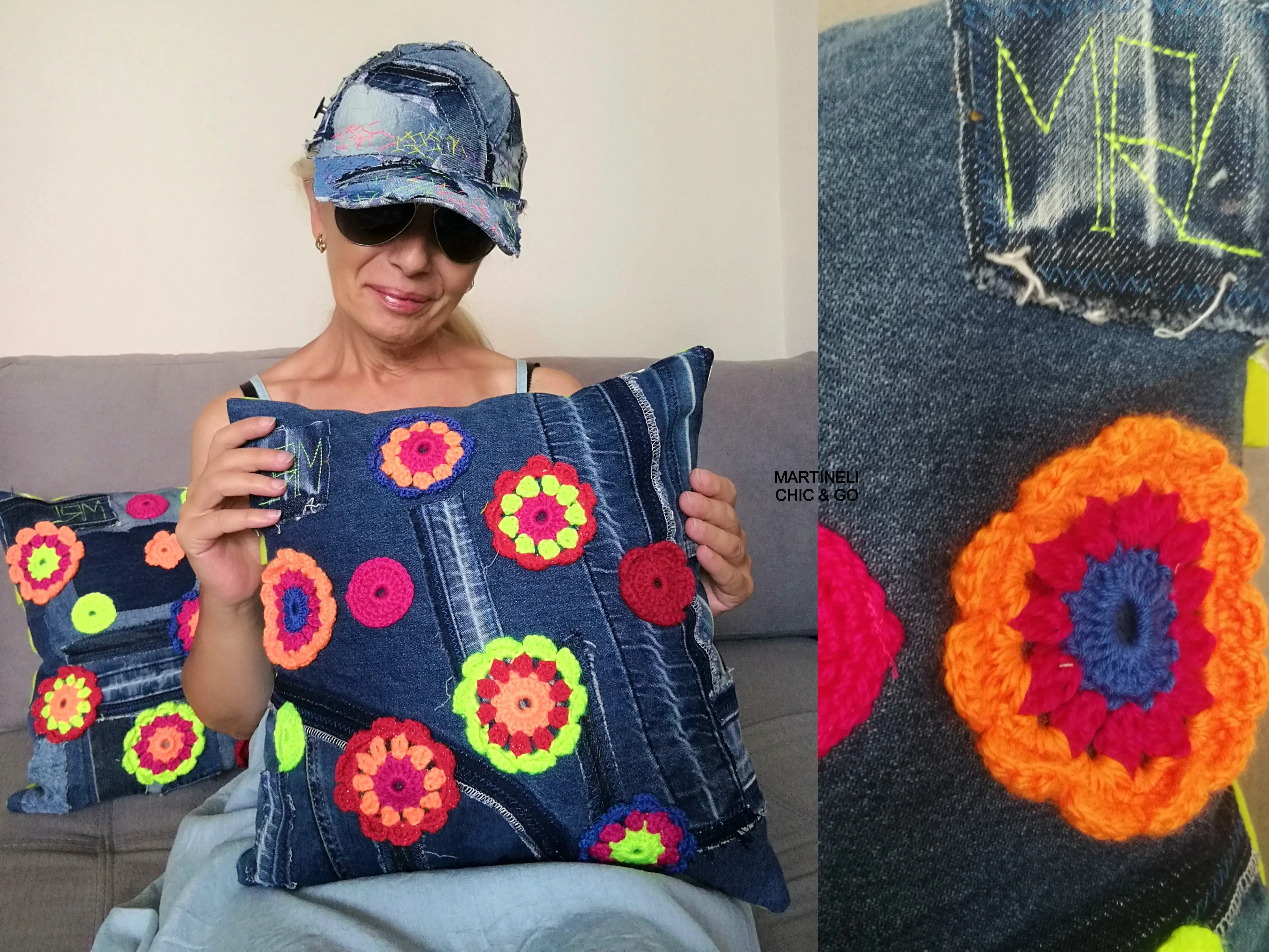 Patchwork Denim Pillow Boho Gypsy Floral Pillow Linen Pillow Case