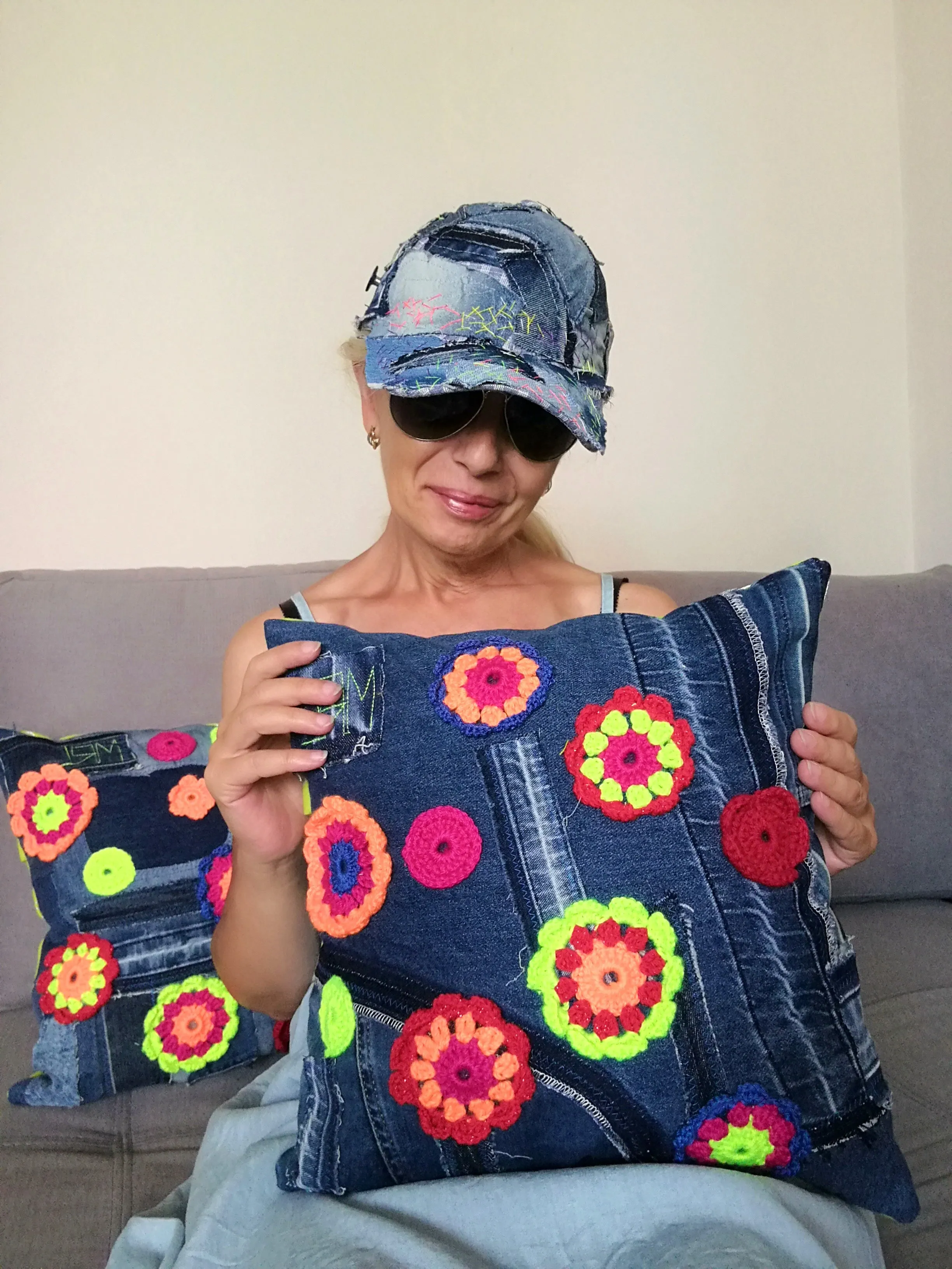 Patchwork Denim Pillow Boho Gypsy Floral Pillow Linen Pillow Case