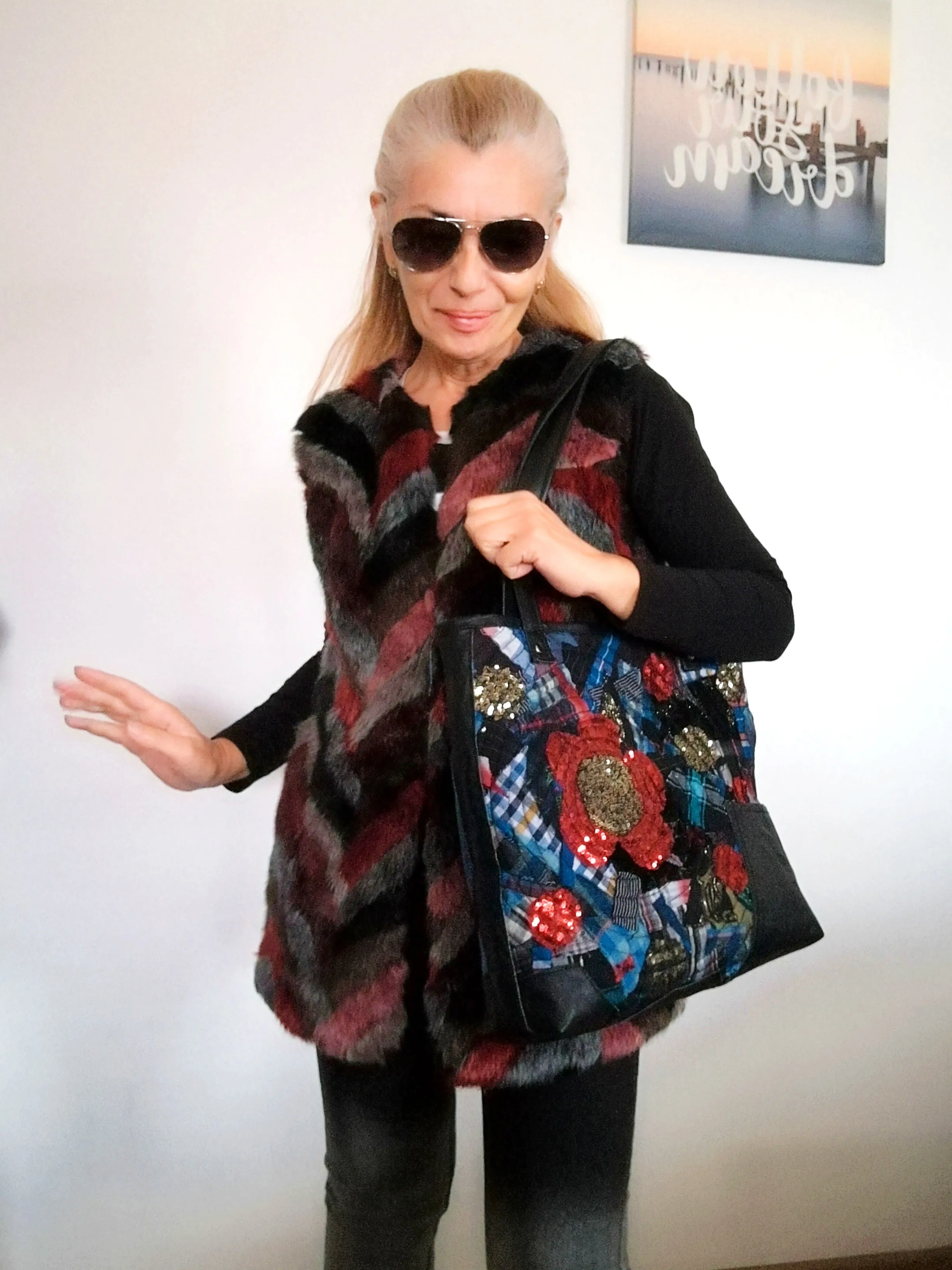 Patchwork Denim Shoulder Bag Black Leather Travel Tote Bag