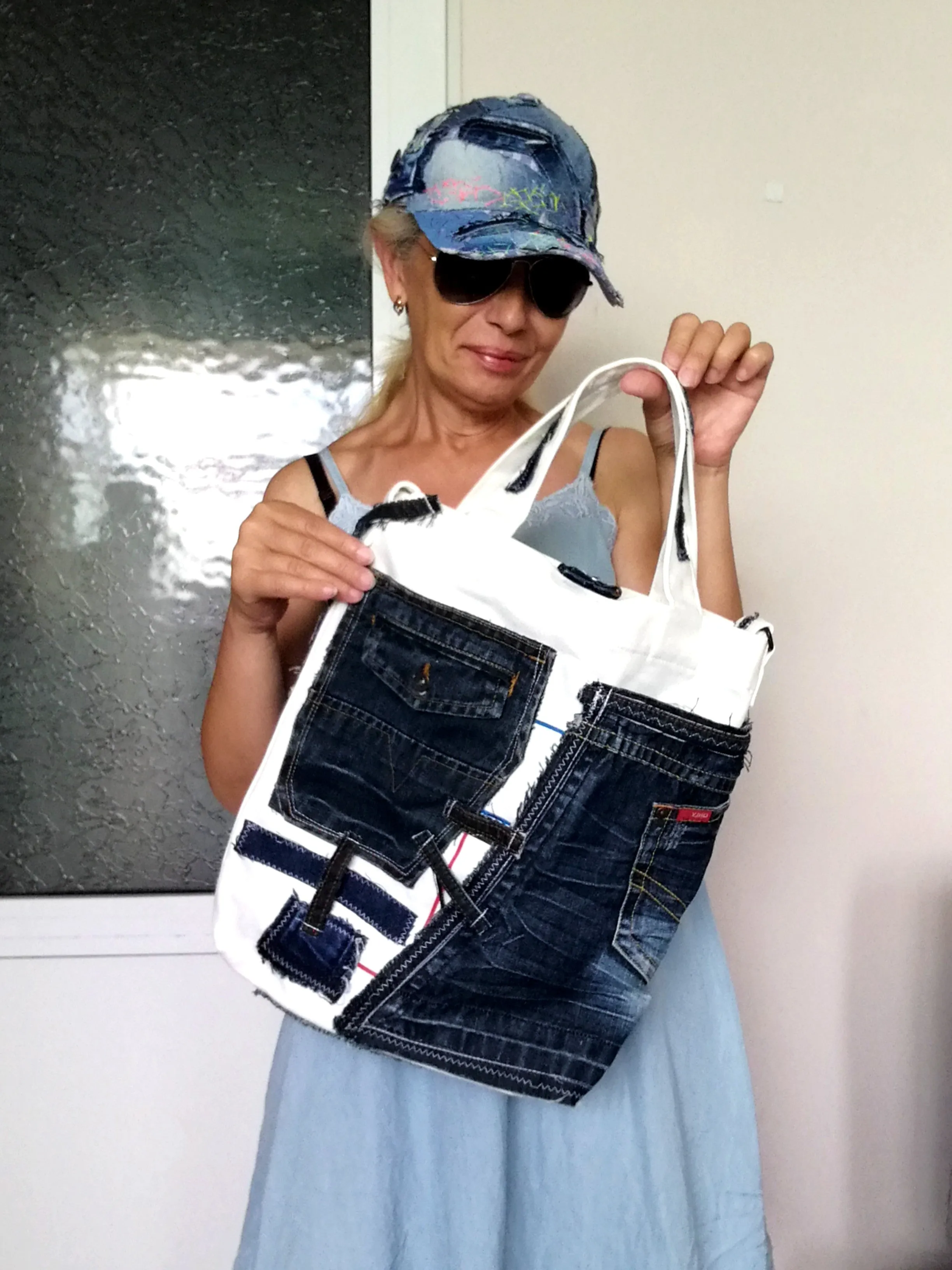 Patchwork Denim Shoulder Bag White Canvas Beach Crossbody Bag For Women