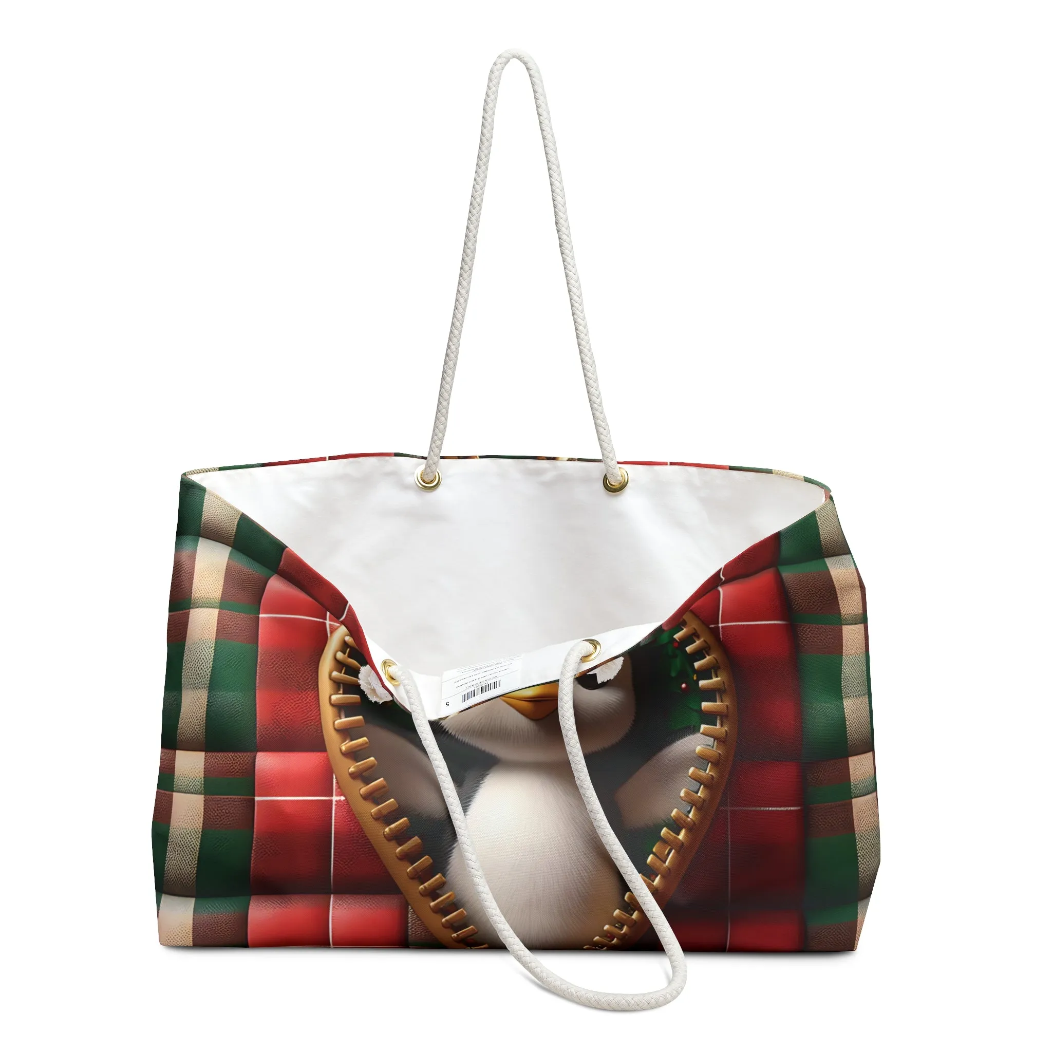Personalised/Non-Personalised Weekender Bag, Cute Penguin, Tartan, Large Weekender Bag, Beach Bag, Book Bag