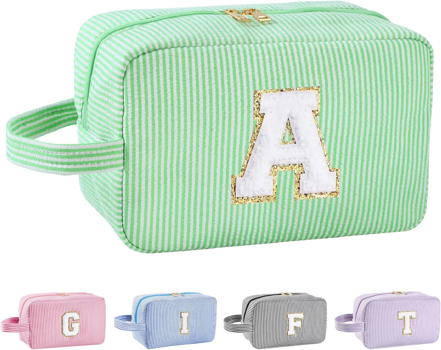 Personalized Initial Makeup Bag A-Z, Travel Toiletry Bag Preppy Make Up Case Girls Cute Cosmetic Pouch Makeup Organizer Wedding Birthday Mothers Day Gifts for Women (Green, A)