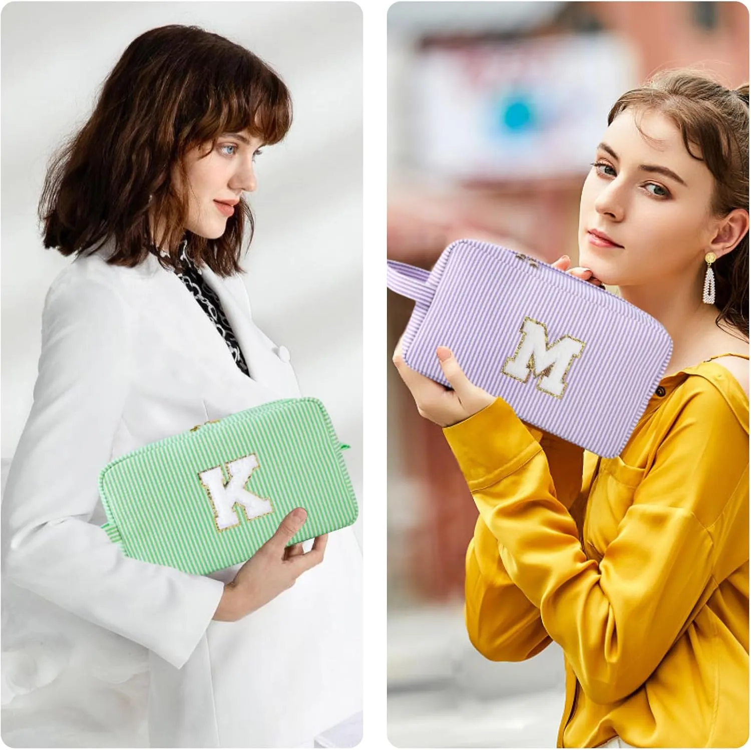 Personalized Initial Makeup Bag A-Z, Travel Toiletry Bag Preppy Make Up Case Girls Cute Cosmetic Pouch Makeup Organizer Wedding Birthday Mothers Day Gifts for Women (Green, A)