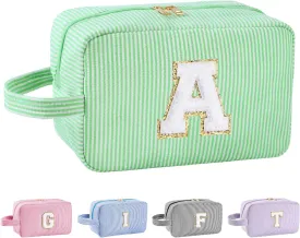 Personalized Initial Makeup Bag A-Z, Travel Toiletry Bag Preppy Make Up Case Girls Cute Cosmetic Pouch Makeup Organizer Wedding Birthday Mothers Day Gifts for Women (Green, A)