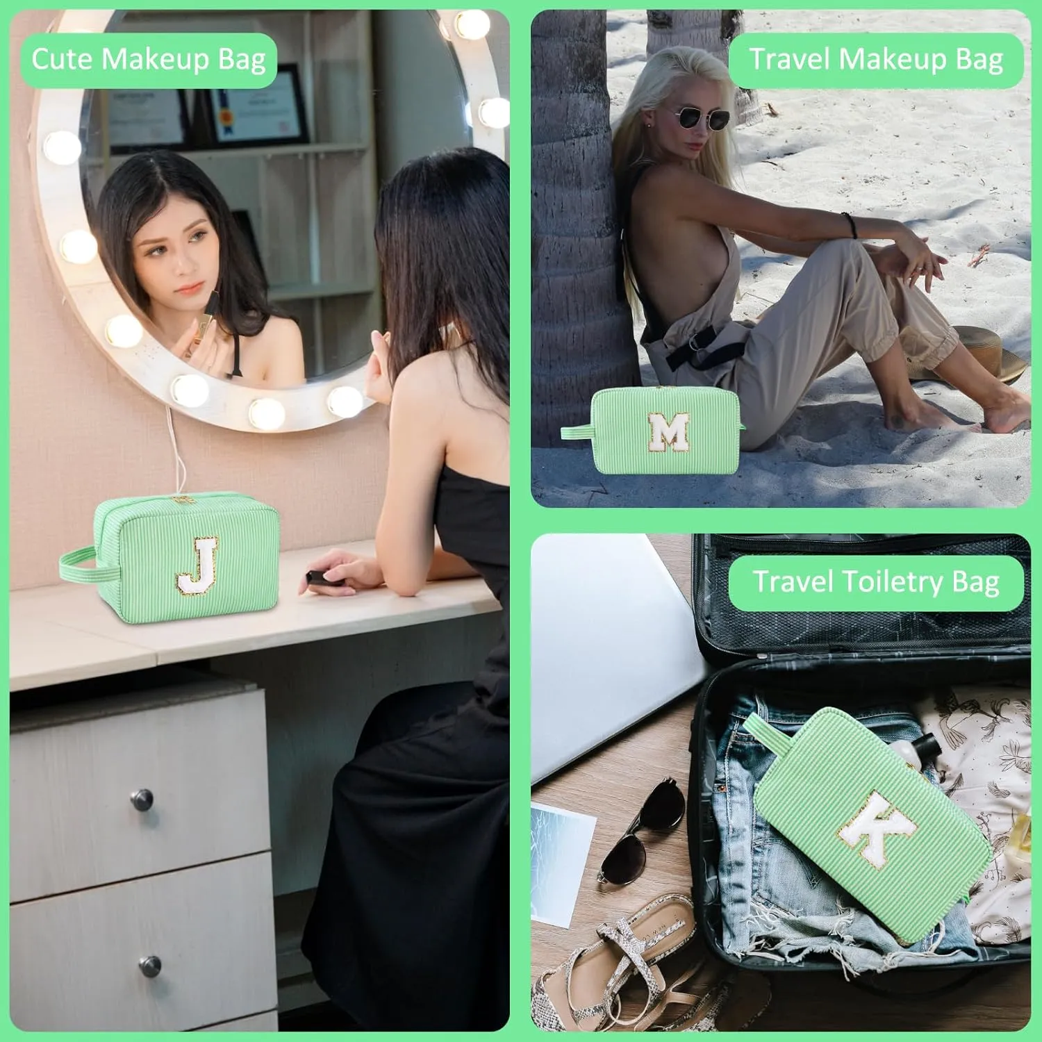 Personalized Initial Makeup Bag A-Z, Travel Toiletry Bag Preppy Make Up Case Girls Cute Cosmetic Pouch Makeup Organizer Wedding Birthday Mothers Day Gifts for Women (Green, A)