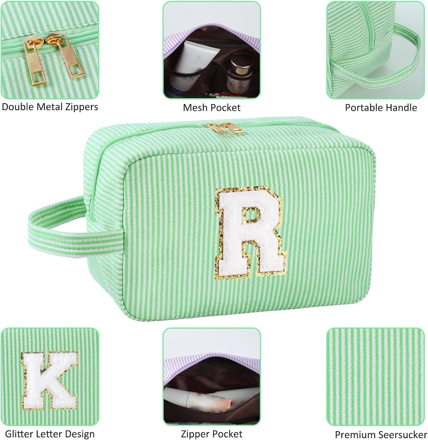 Personalized Initial Makeup Bag A-Z, Travel Toiletry Bag Preppy Make Up Case Girls Cute Cosmetic Pouch Makeup Organizer Wedding Birthday Mothers Day Gifts for Women (Green, A)