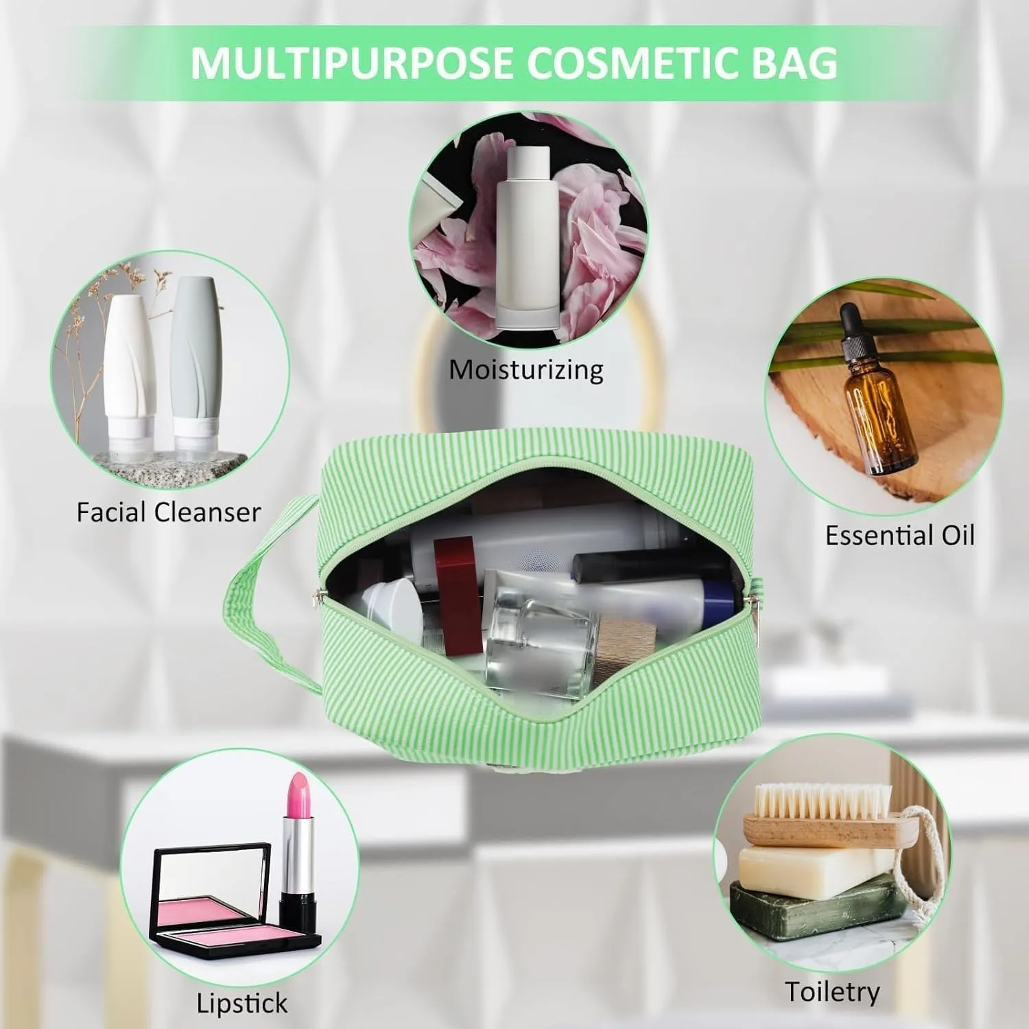 Personalized Initial Makeup Bag A-Z, Travel Toiletry Bag Preppy Make Up Case Girls Cute Cosmetic Pouch Makeup Organizer Wedding Birthday Mothers Day Gifts for Women (Green, A)