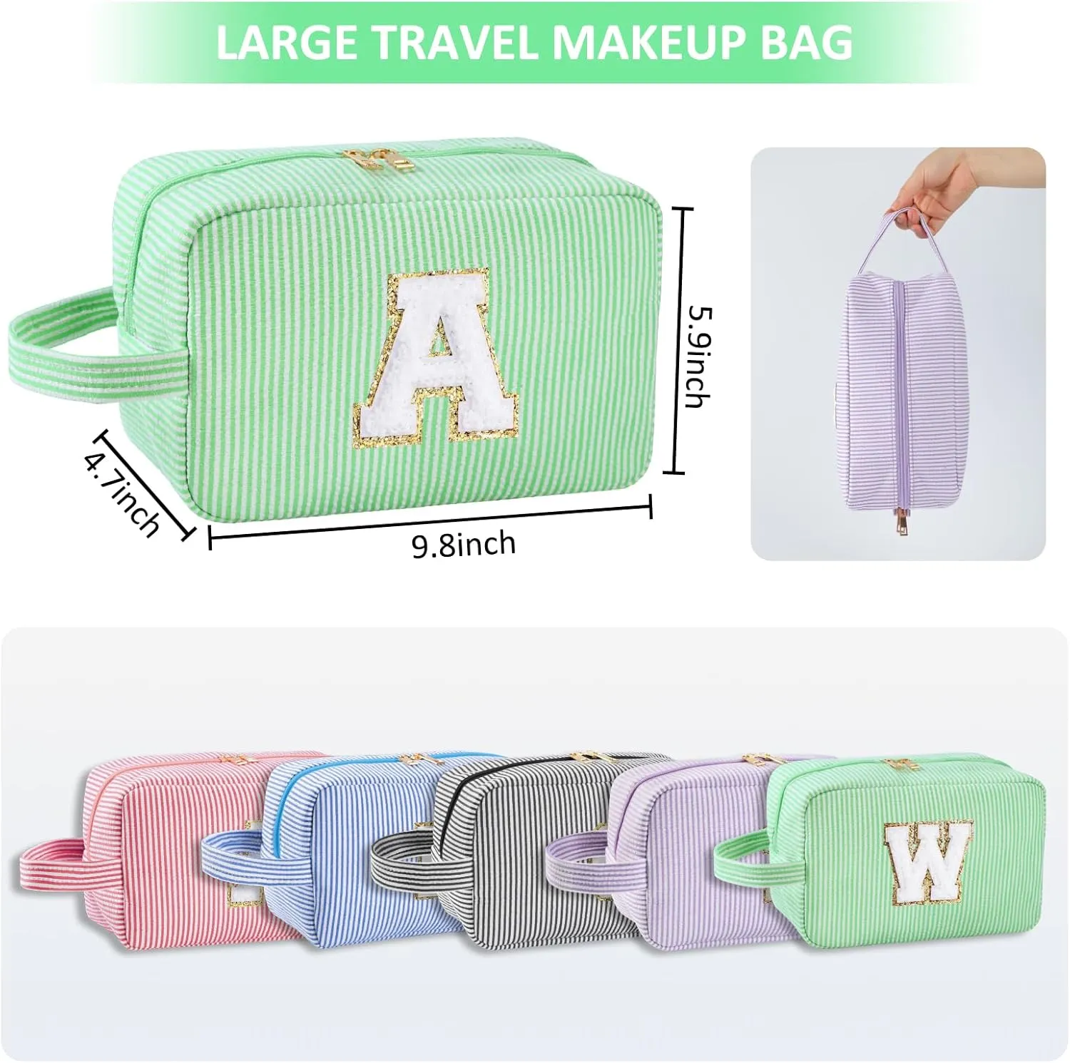 Personalized Initial Makeup Bag A-Z, Travel Toiletry Bag Preppy Make Up Case Girls Cute Cosmetic Pouch Makeup Organizer Wedding Birthday Mothers Day Gifts for Women (Green, A)