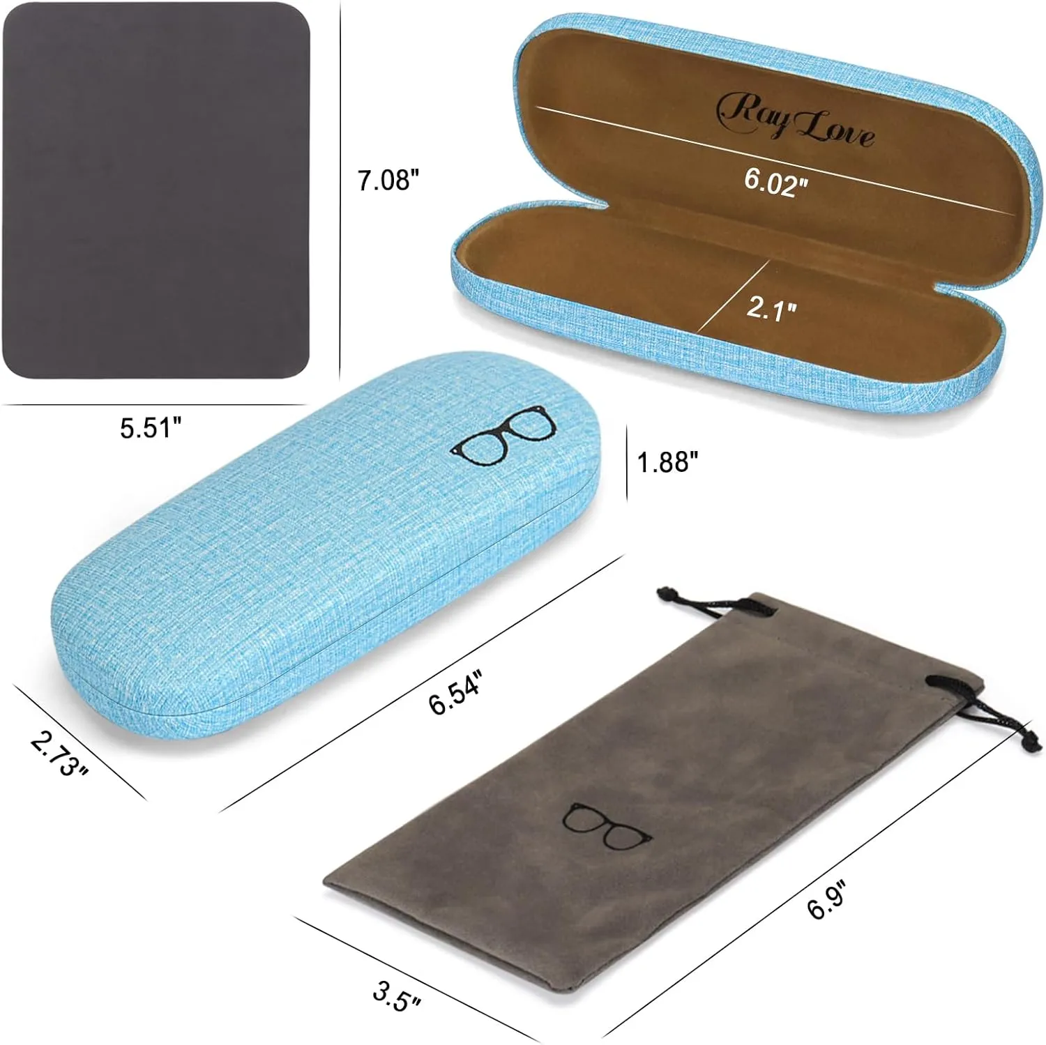 RayLove Hard Shell Glasses Case, PU leather Eyeglass Case Comes with a Pouch & Cleaning Cloth