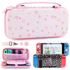 RHOTALL Sakura Pink Carrying Case Set for Nintendo Switch, Cute Cherry Blossom Storage Bag for Switch Accessories with Protective Case, Screen Protector, Adjustable Shoulder Strap and 2 Thumb Cap