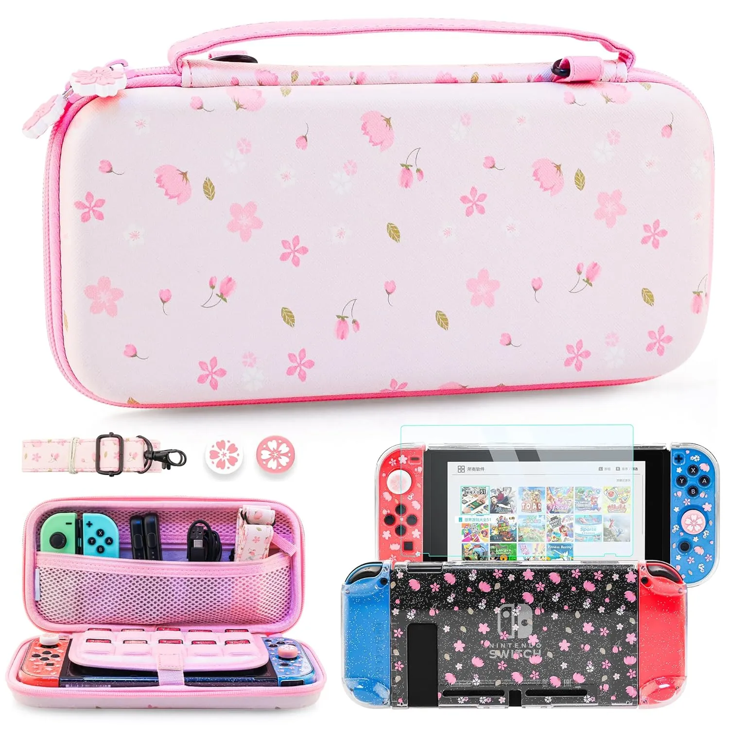 RHOTALL Sakura Pink Carrying Case Set for Nintendo Switch, Cute Cherry Blossom Storage Bag for Switch Accessories with Protective Case, Screen Protector, Adjustable Shoulder Strap and 2 Thumb Cap