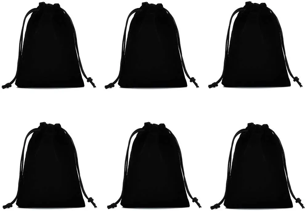Set of 6 Velvet Premium Black Travel Carry Drawstring Headphones Pouch Jewelry Bag (9.8" X 11.8")