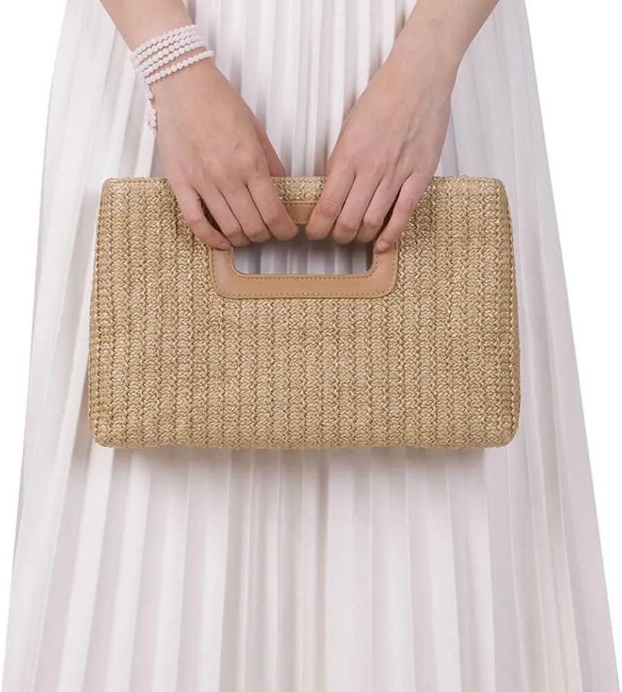 Straw Clutch Purse for Women Travel Straw Beach Tote Bag Woven Rattan Envelope Bag Top Handle Crossbody Handbag for Summer