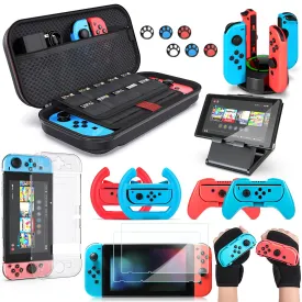 Switch Accessories Bundle, innoAura 20 in 1 Switch Accessories Kit Include Wrist Straps, Switch Carry Case, J-con Charging Dock, J-con Grips & Racing Wheels