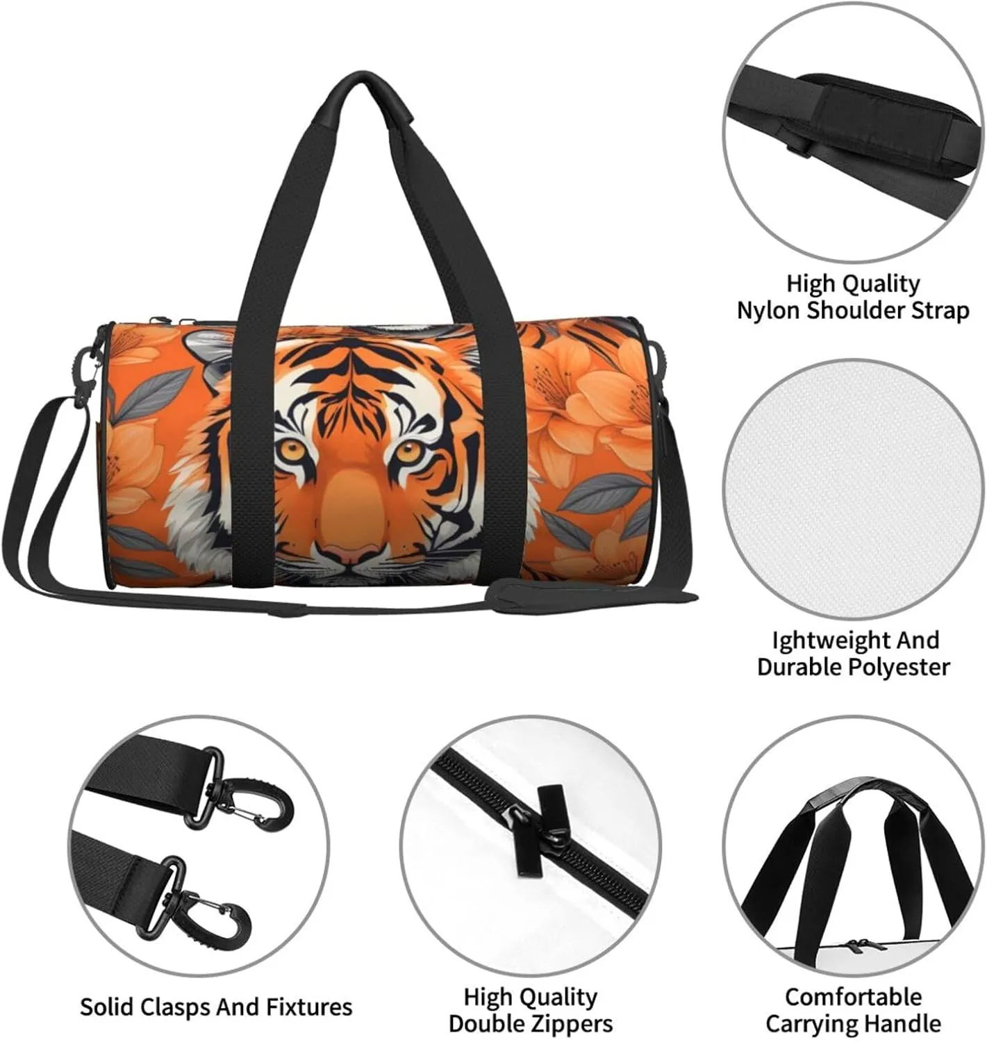 Tiger Stripes Orange Pattern Printed Travel Bag,Round Personal Item Storage bag,Foldie Duffel Bag for Traveling Vacation,Fitness,Sports